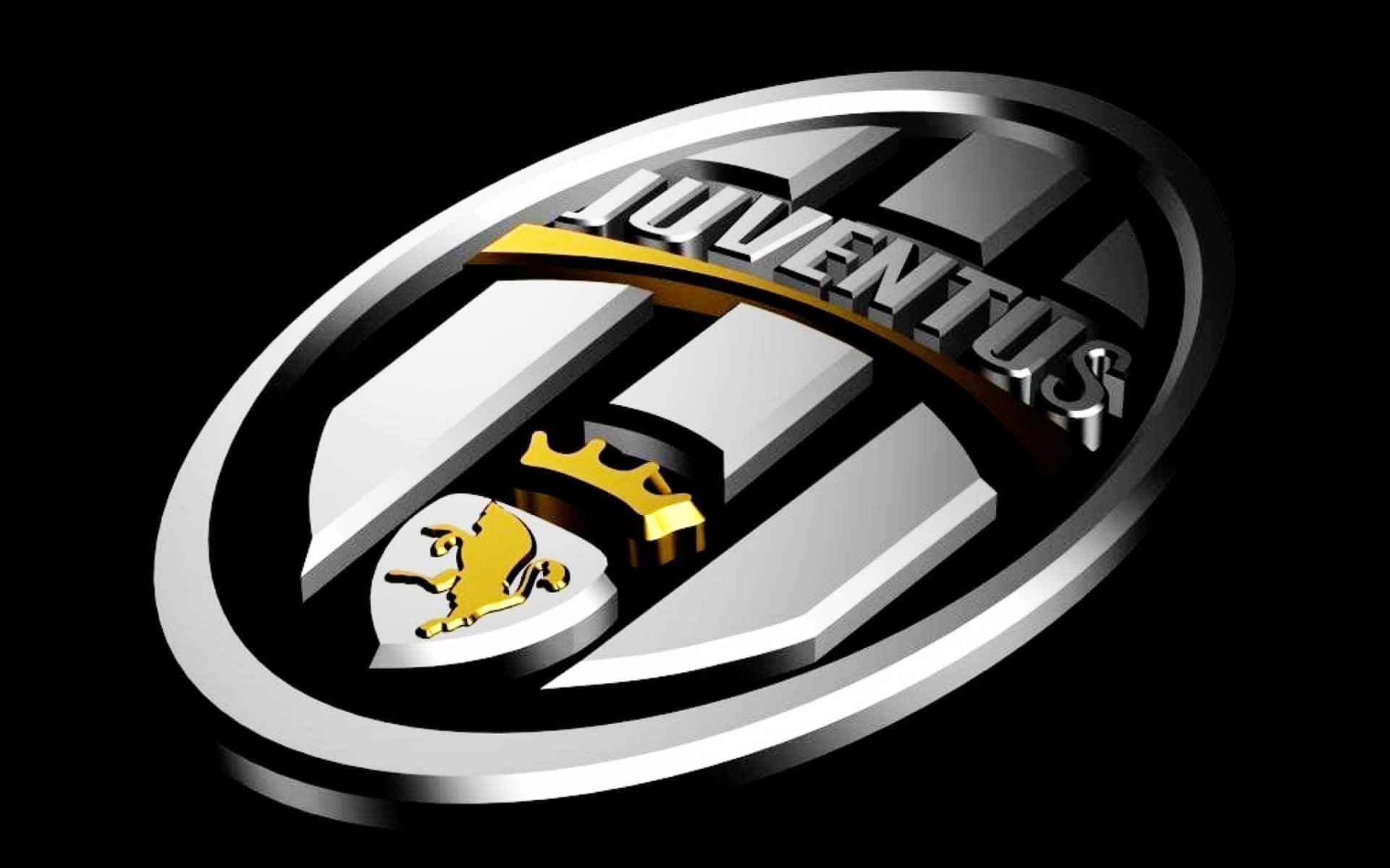 Juventus 桌布 壁紙 — 閃亮金屬質感的祖雲達斯標誌，帶有黑白條紋和金色獅子，背景為黑色。