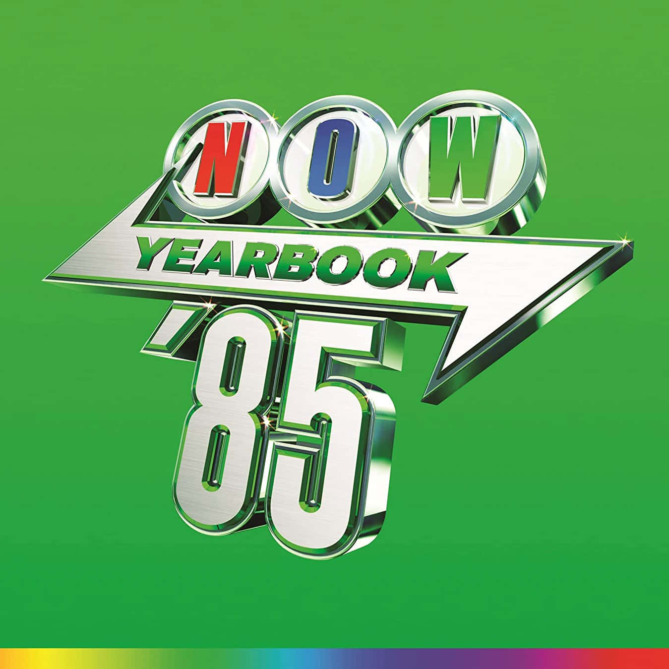 Now Yearbook 85 by Sydney Sydney 壁紙 — 閃亮鉻色 'NOW YEARBOOK '85' 標誌，紅、藍、綠字體，襯以鮮綠色背景。