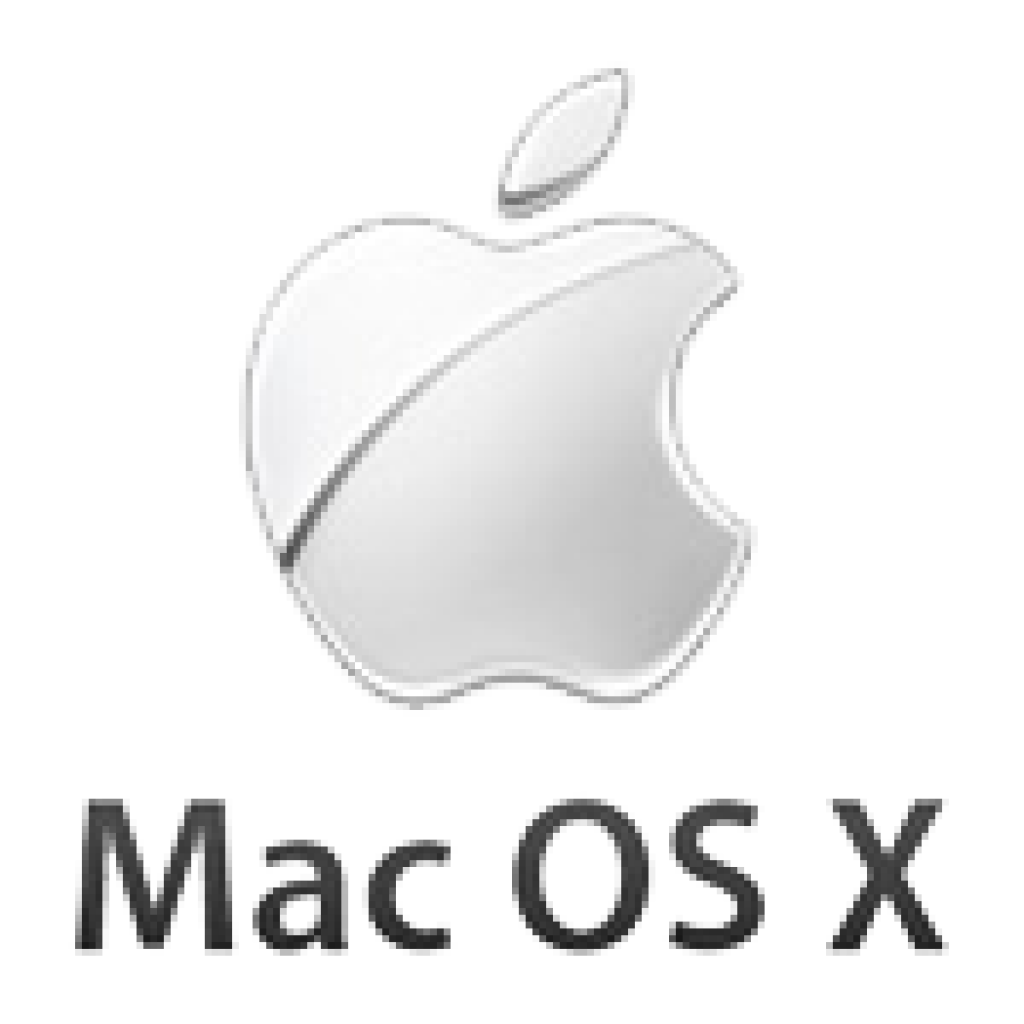 Apple Mac OS X Logo 壁紙 — 閃亮銀色蘋果標誌，帶有咬痕和 'Mac OS X' 文字，黑色背景。