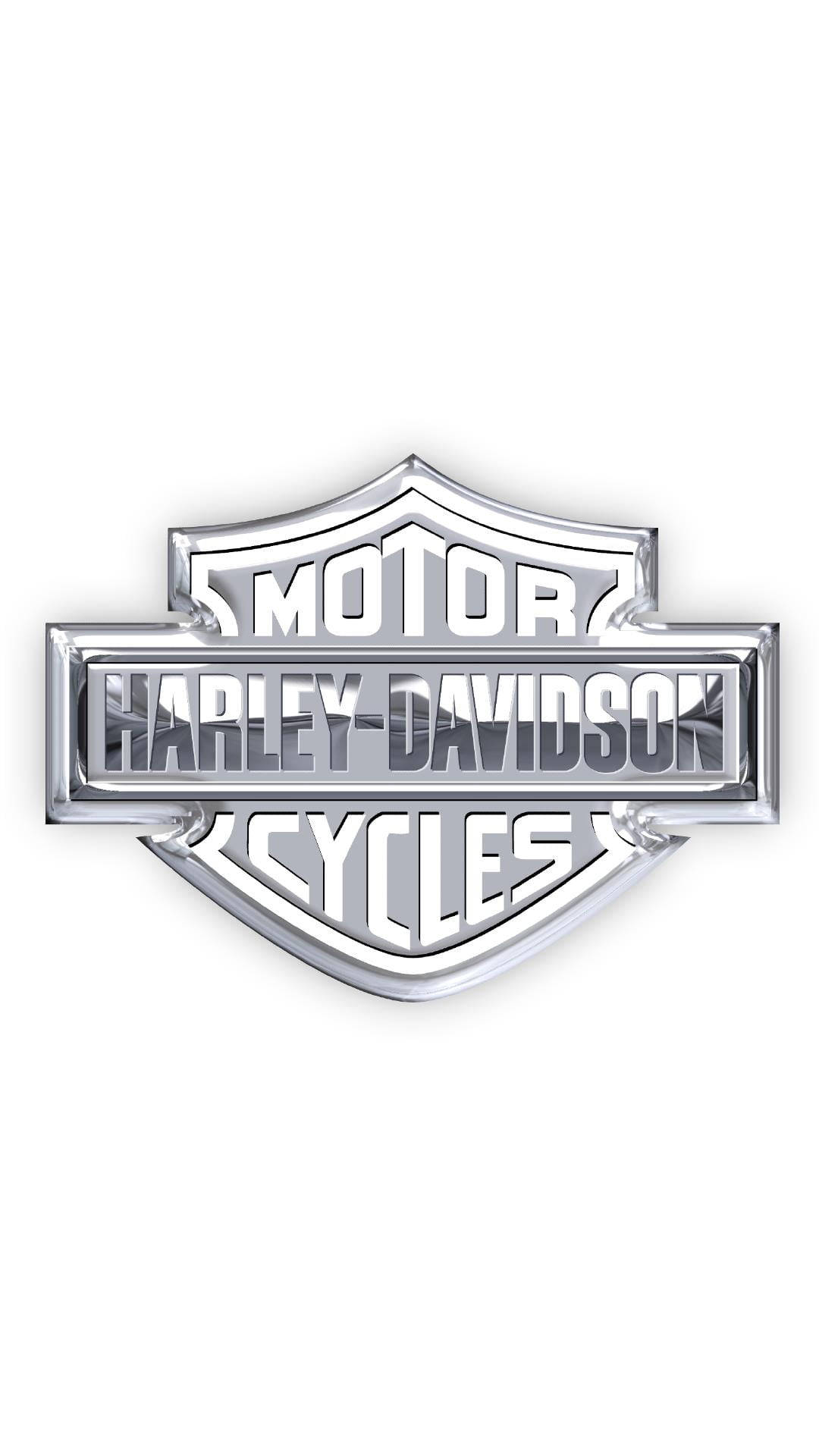 Harley Davidson 標誌 桌布 壁紙 — 閃亮鍍鉻哈雷戴維森標誌徽章，帶有粗體字體和經典盾牌形狀，置於純白背景上。
