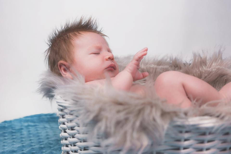 一個在白色柳條籃子裡睡覺的新生嬰兒，籃子有灰色毛皮襯裡。