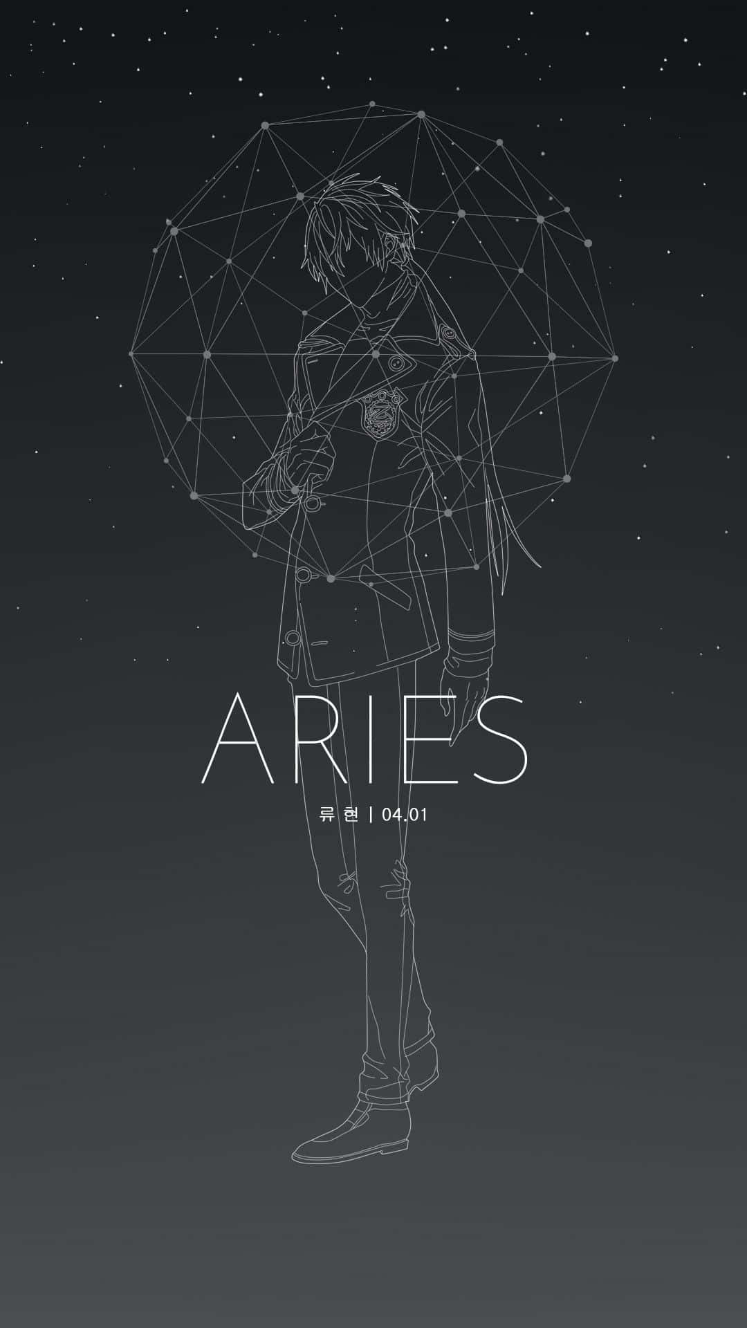 動漫角色在幾何雨傘下，背景是星空夜空，帶有Aries文字。