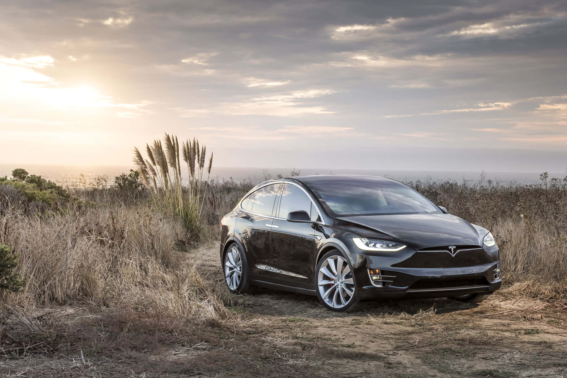 黑色Tesla Model X停在泥路上，俯瞰日落時分的海洋。