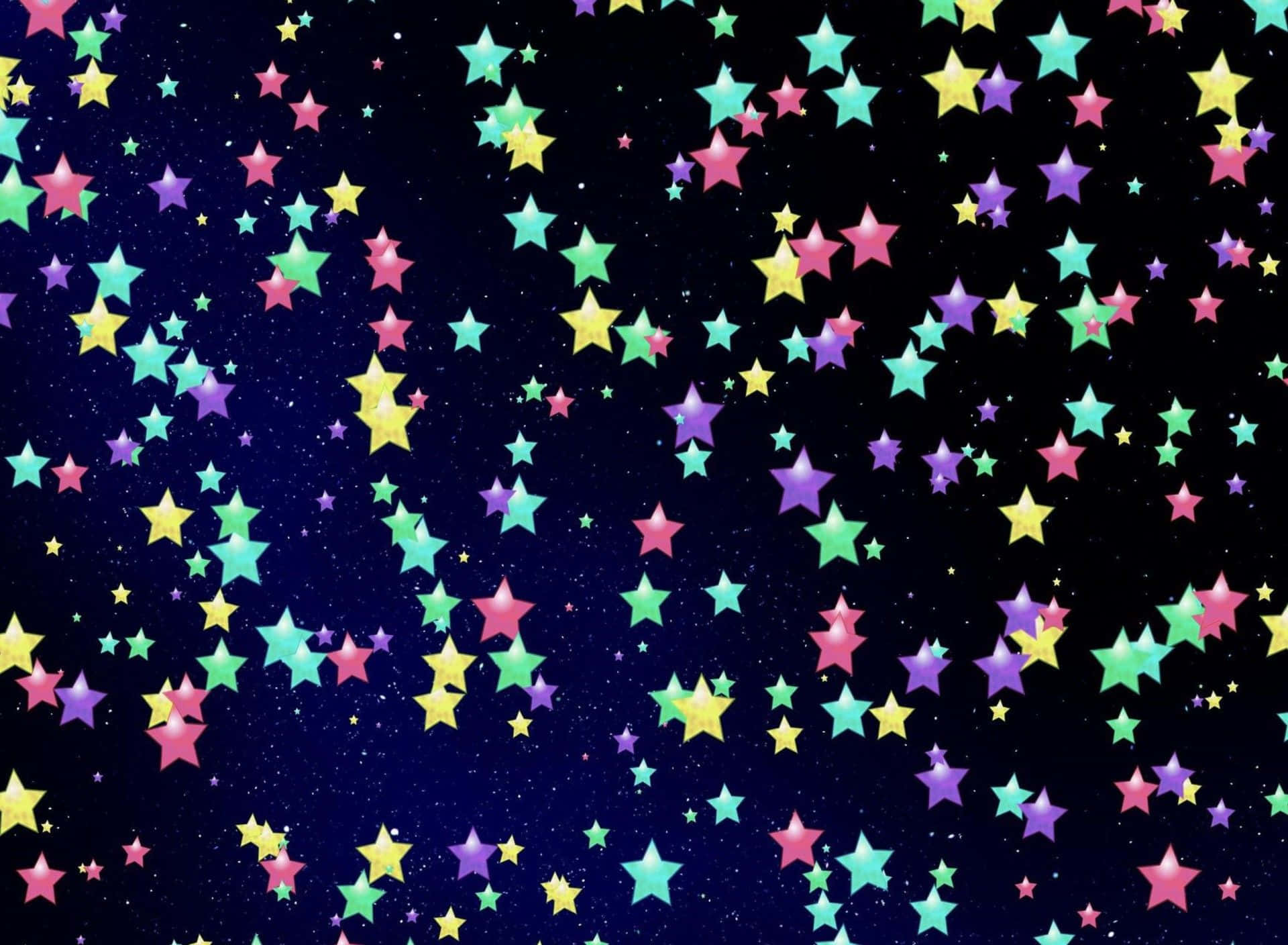 漆黑的天空充滿了各種大小的彩色發光星星。
