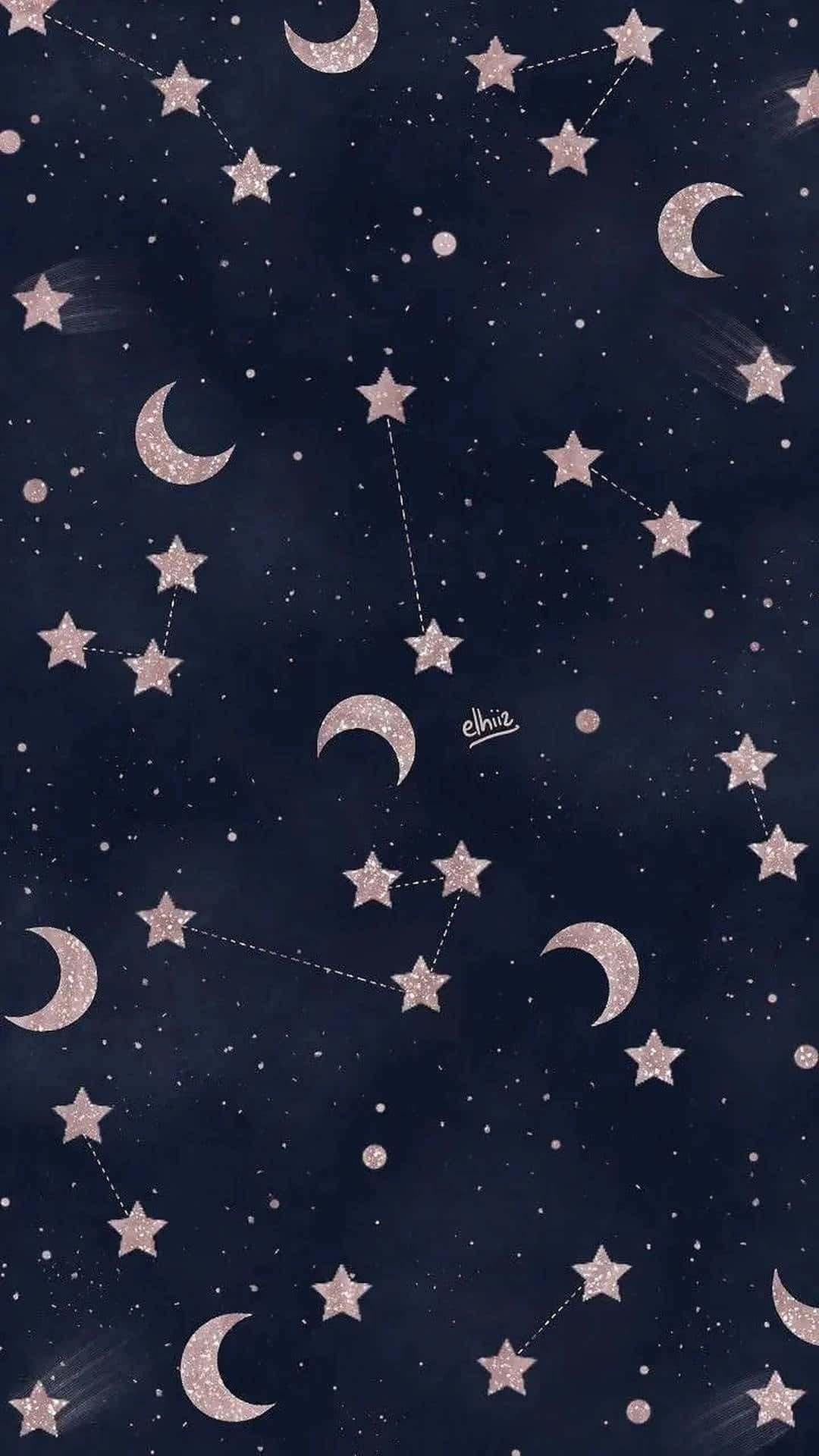 美學 iPhone 壁紙 桌布 壁紙 — 閃爍的夜空，佈滿粉紅星星和彎月，由虛線連接形成星座。