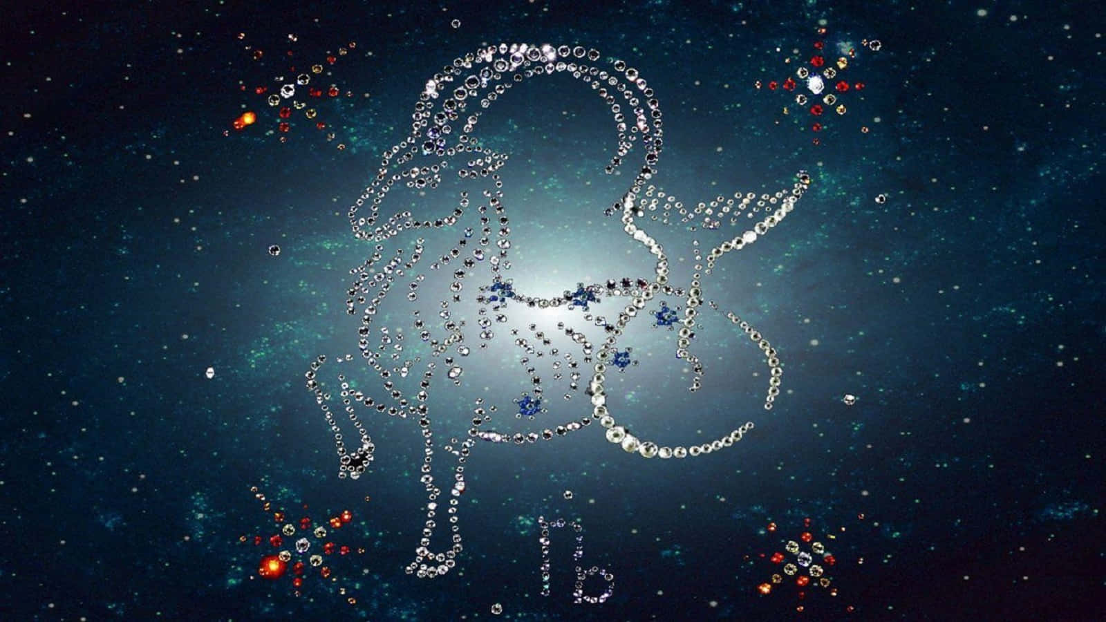 山羊座 桌布 壁紙 — 閃爍的寶石白羊座星座在星光燦爛的宇宙背景下發光，周圍有光芒四射的星雲和散落的寶石。