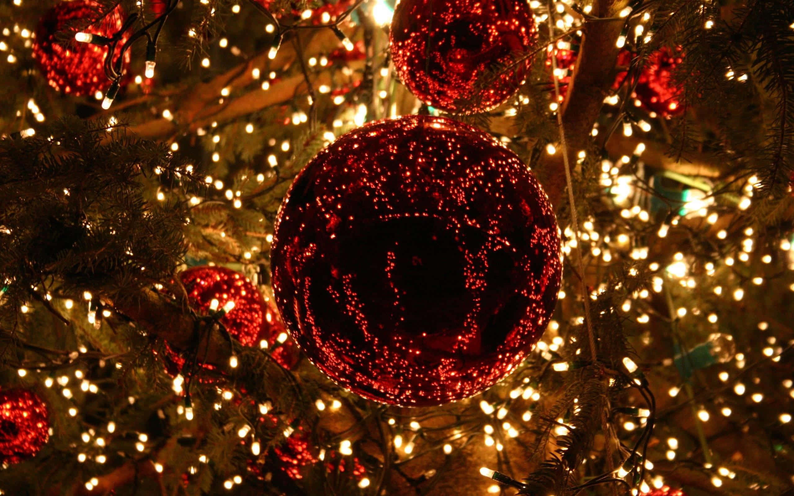 Red Aesthetic Christmas 桌布 壁紙 — 閃爍的紅色裝飾品和溫暖的仙女燈點綴著一棵節日聖誕樹枝的特寫。