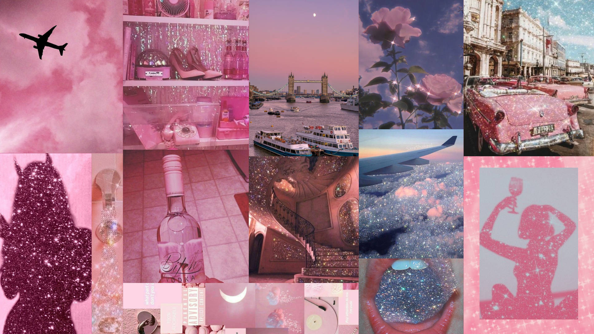 girly pink aesthetic 桌布 壁紙 — 閃爍粉紅色拼貼畫，包含飛機、玫瑰、復古汽車和剪影，背景是夢幻天空和城市景觀。
