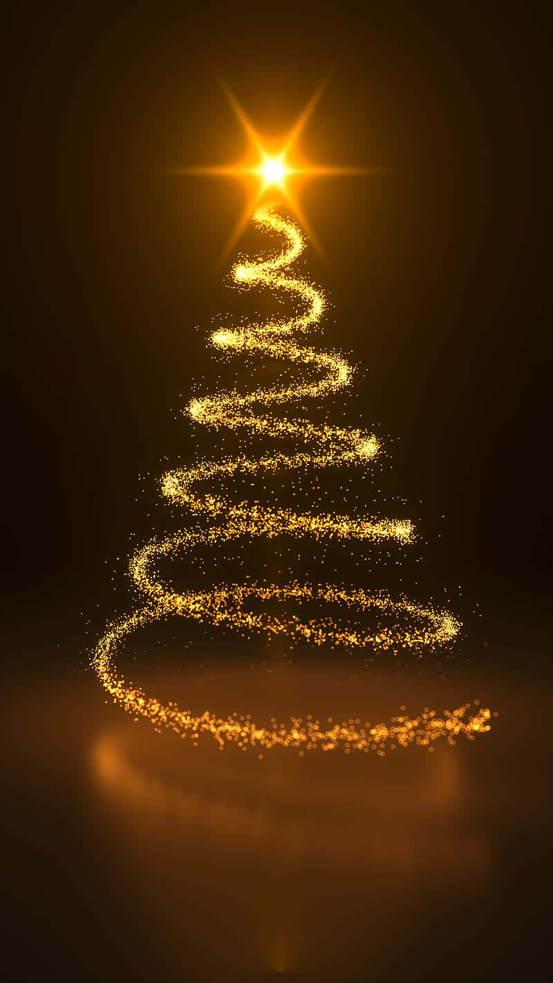 3d Christmas 桌布 壁紙 — 閃爍粒子形成的燦爛金色螺旋，在深色背景上構成頂部有明亮星星的聖誕樹。