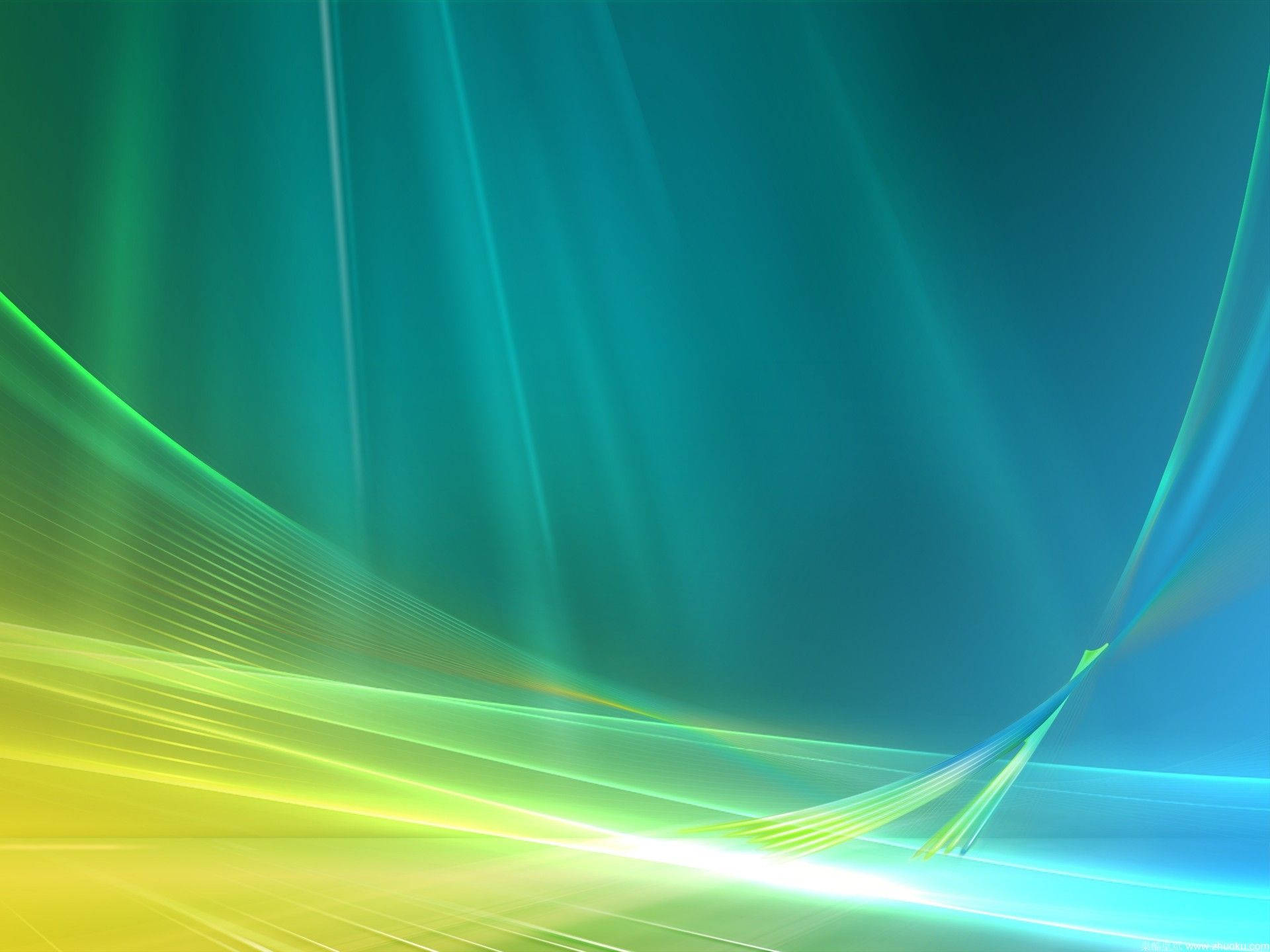 閃爍色彩 Windows Vista 壁紙 — 充滿活力的抽象光線，以綠色、黃色和藍色動態流過漸變背景。