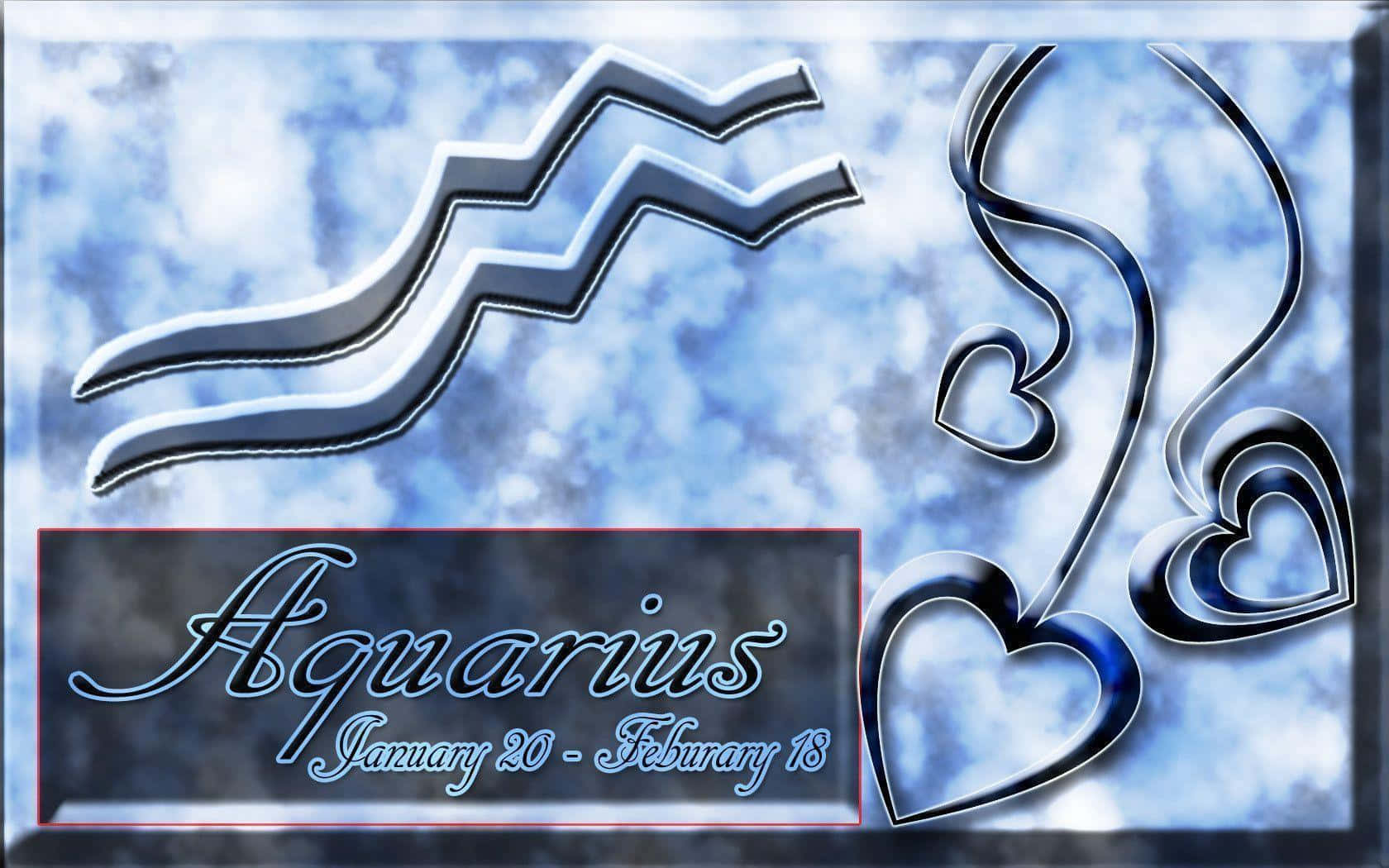 aquarius 桌布 壁紙 — 閃爍銀色水瓶座星座符號和心形圖案漂浮在柔和的藍色多雲天空背景上。