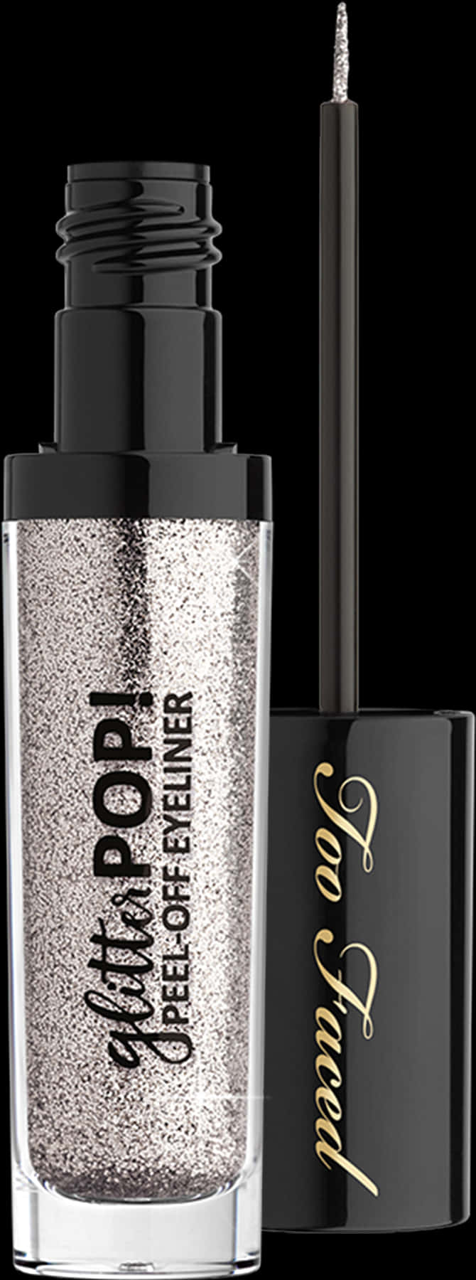 閃粉可撕式眼線筆 壁紙 — 一個光滑的黑色 Too Faced glitter pop! 剝離式眼線筆瓶，帶有銀色閃粉和精細刷頭，置於深色背景前。