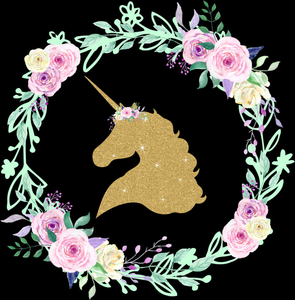 閃粉獨角獸花卉花環 壁紙 — 一個閃閃發光的金色獨角獸頭部剪影，飾有花冠，周圍環繞著粉紅玫瑰和薄荷綠葉的花環，背景為黑色。