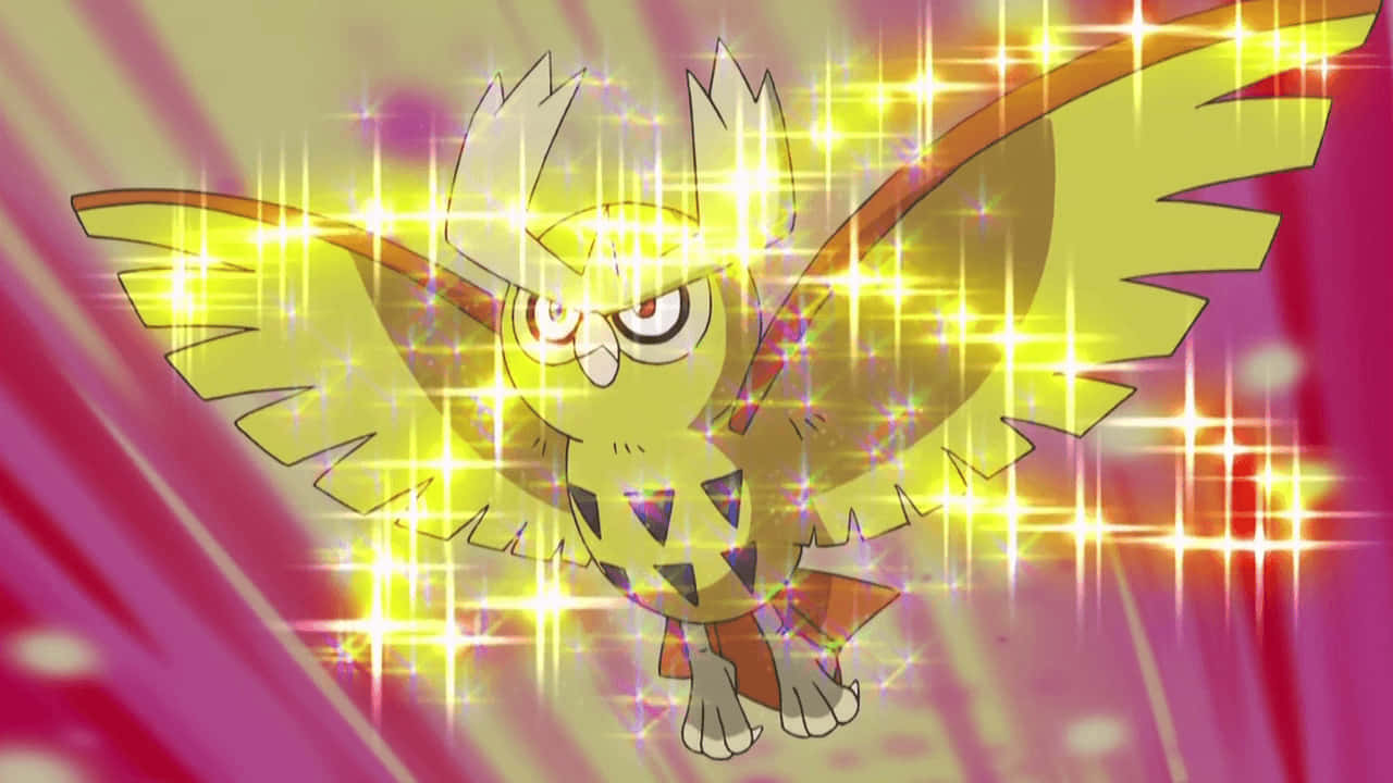 閃耀 Noctowl 動畫場景 壁紙 — 一隻發光的黃色貓頭鷹寶可夢在粉紅色和金色的光芒星爆背景下展開翅膀。