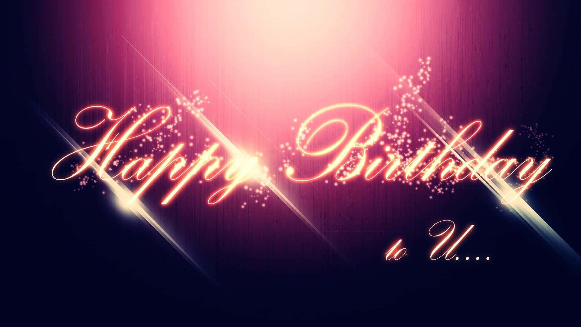Happy Birthday to U 文字帶有閃光和發光光束，背景為粉紅紫色漸變