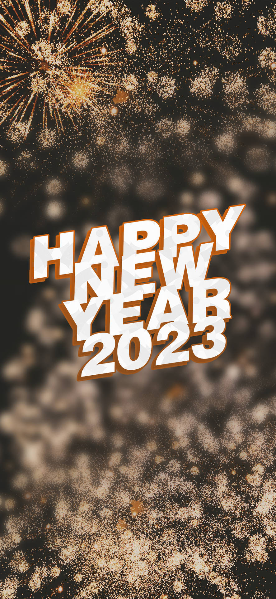 閃耀2023新年問候 壁紙 — 粗體白色3D文字 'HAPPY NEW YEAR 2023' 在深色背景上，配以金色煙花和閃粉粒子。