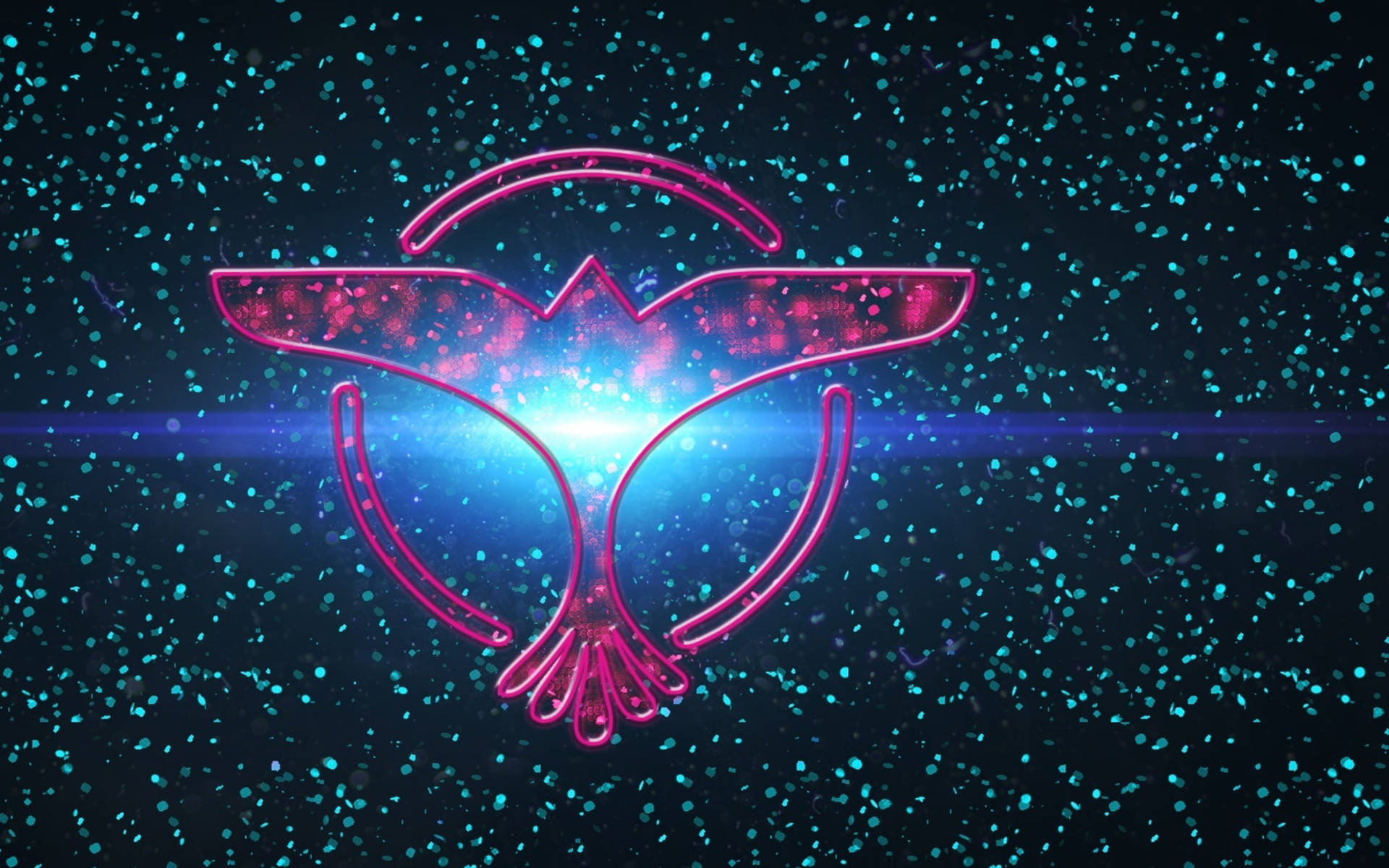 在星空宇宙場景中，霓虹粉紅鳥標誌發出藍光。