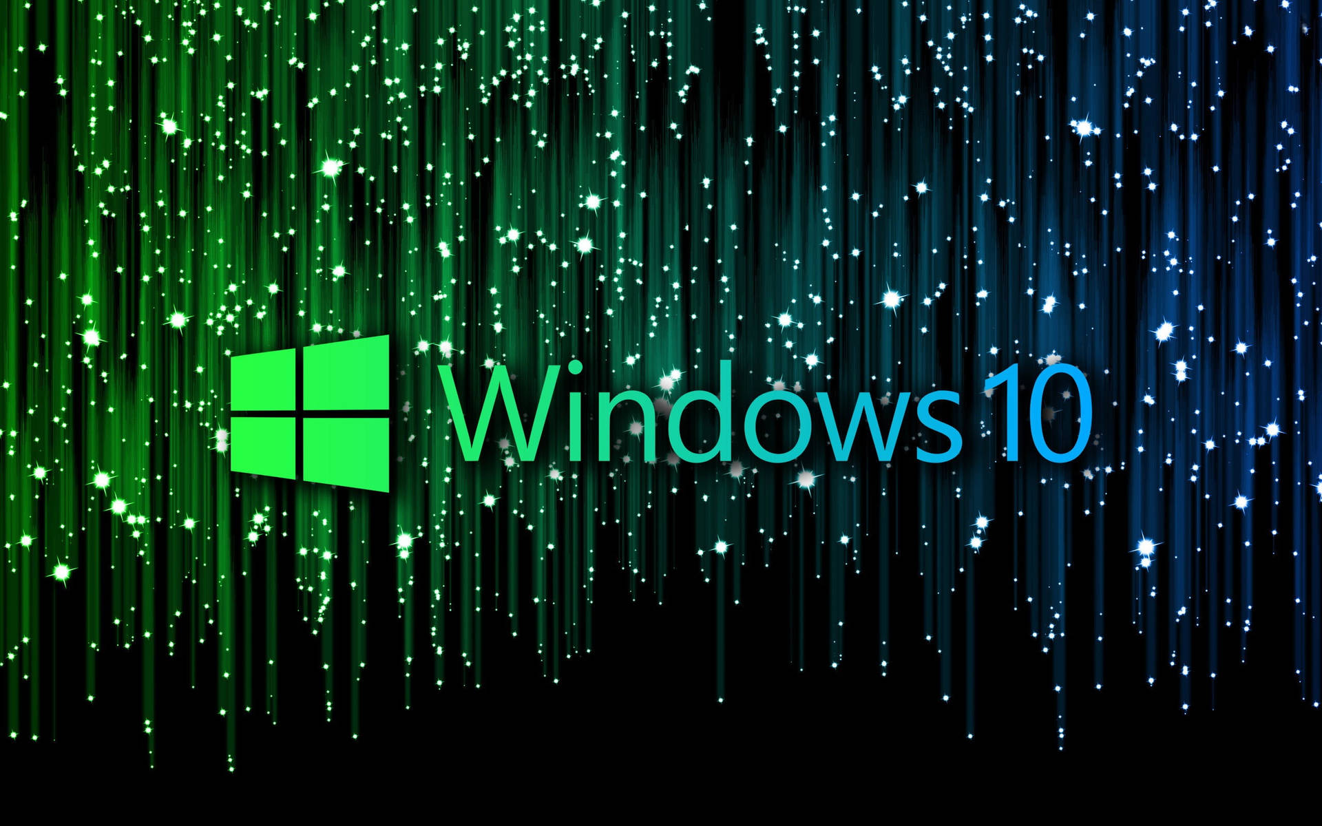帶有發光綠色和藍色光條及閃爍效果的 Windows 10 標誌。