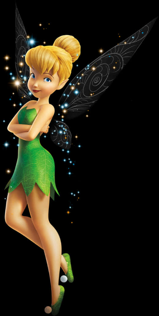 Tinker Bell 仙女，發光的翅膀和綠色連衣裙，在黑暗背景上。 — 精靈 壁紙