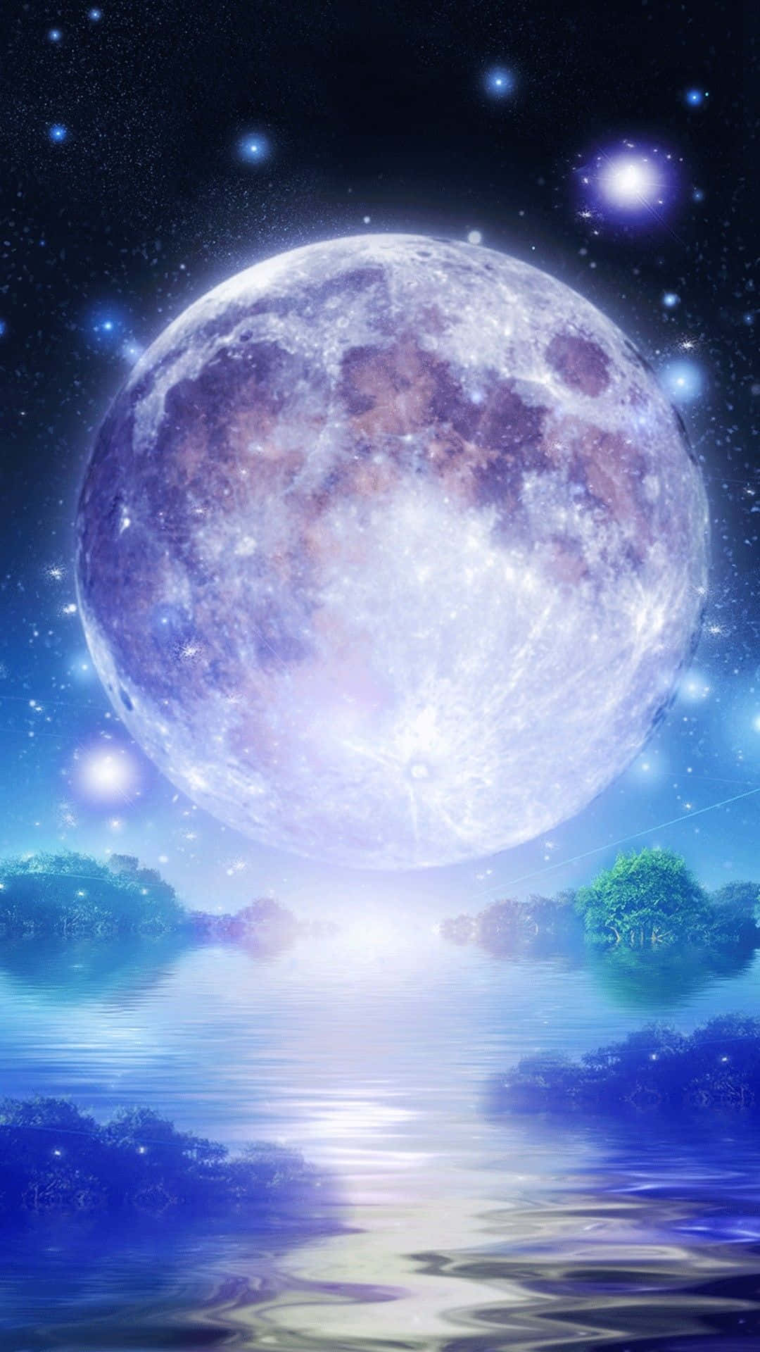 在星空下，一輪巨大的月亮照耀著平靜的湖泊。