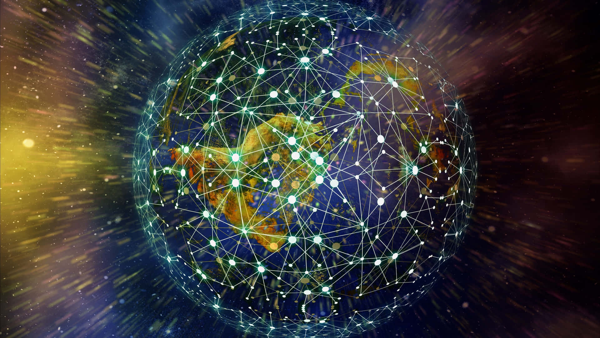 一個發光的數碼地球儀，帶有相互連接的節點，在繁星點點的宇宙背景中。