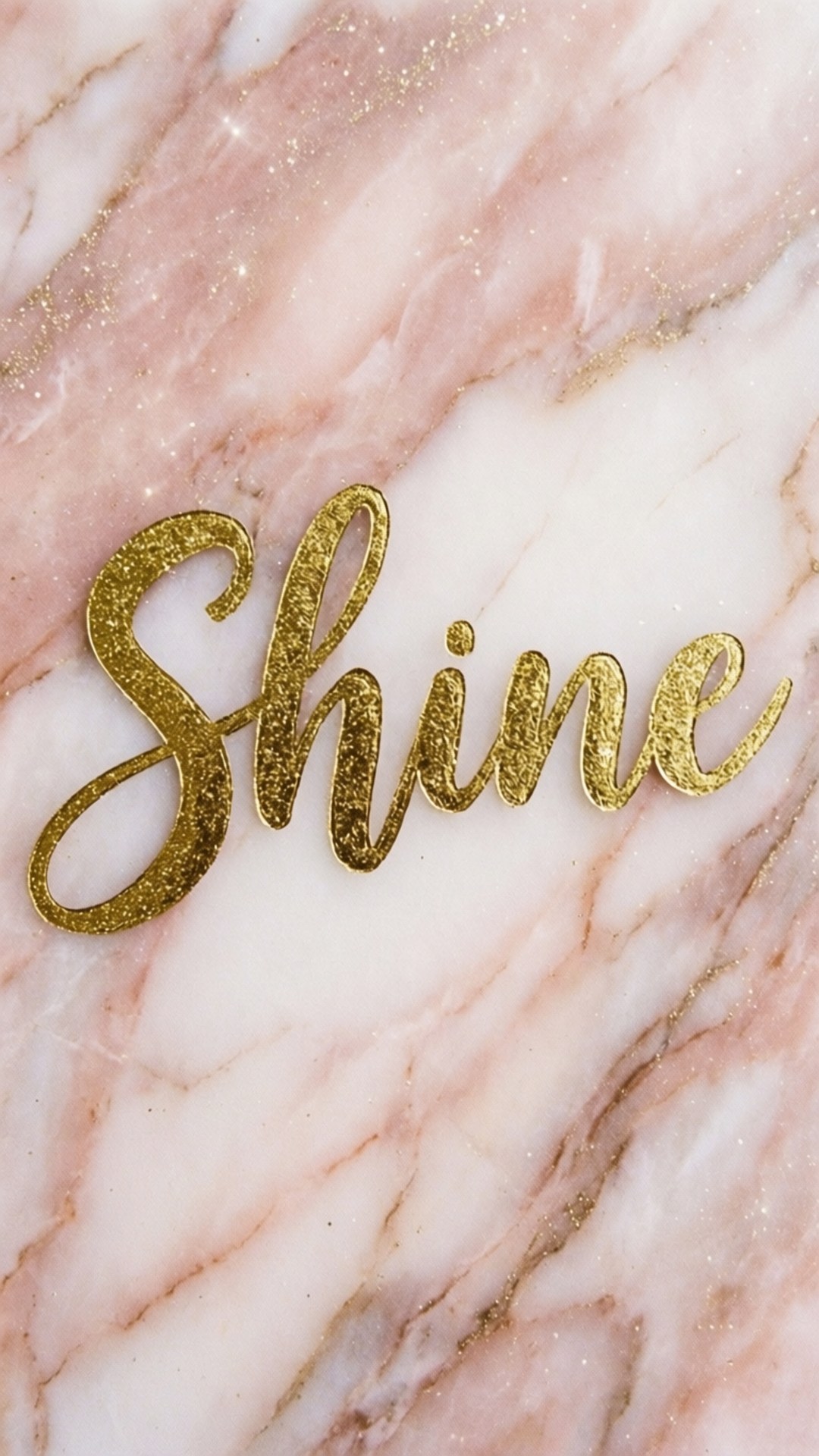 金色閃粉的「shine」字樣在粉紅和白色大理石上，帶有金色閃粉斑點 — 美學字眼 壁紙