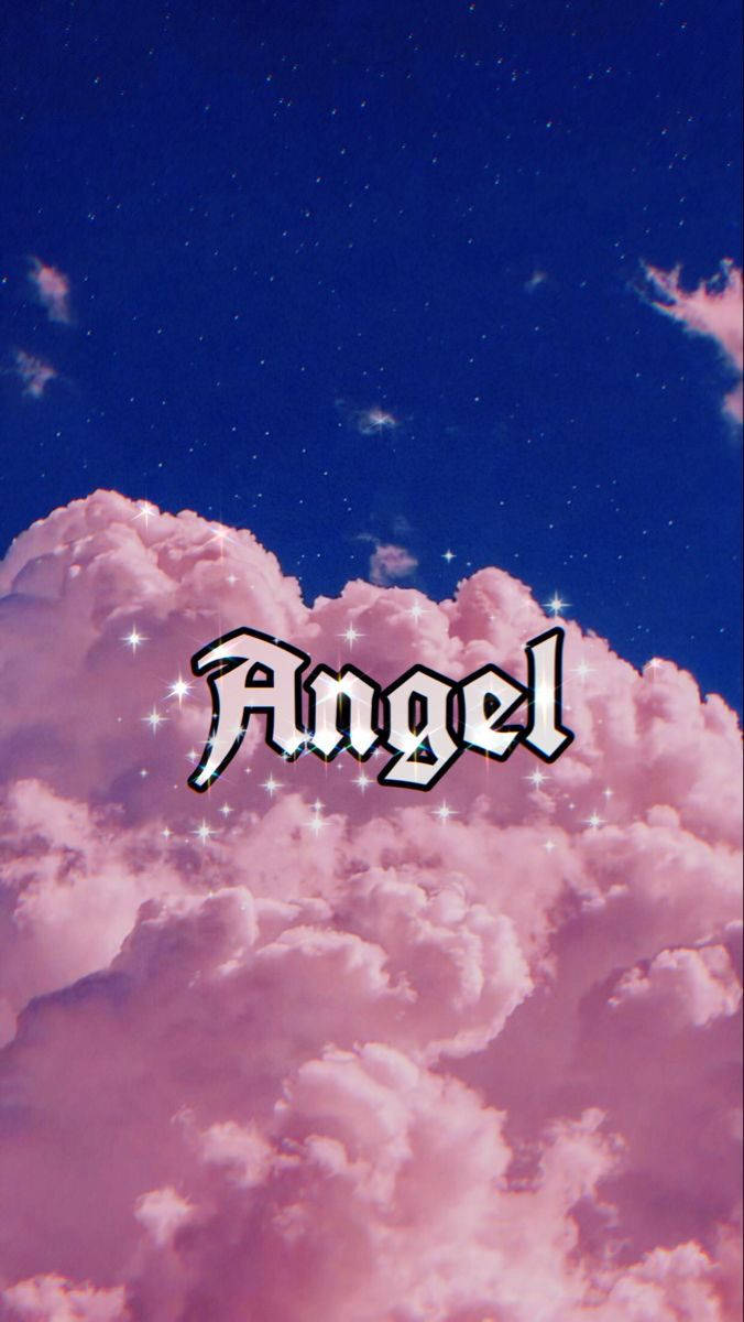 Pink clouds with sparkling text Angel against a starry night sky.