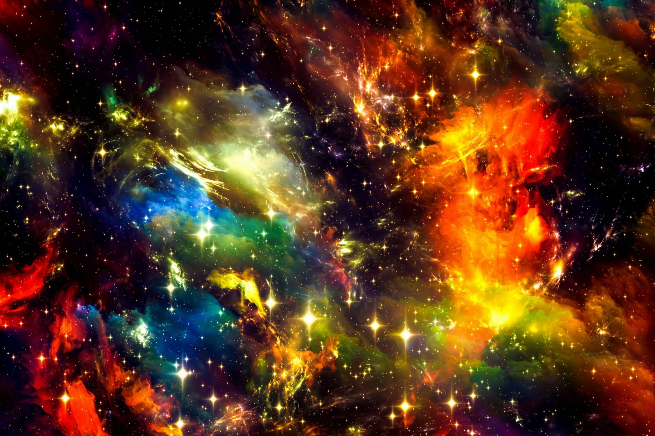 閃耀宇宙圖案 壁紙 — 充滿活力的宇宙星雲，火紅橙色和電光藍色的雲層翻滾，閃爍的星星在深邃的黑色太空中發光。