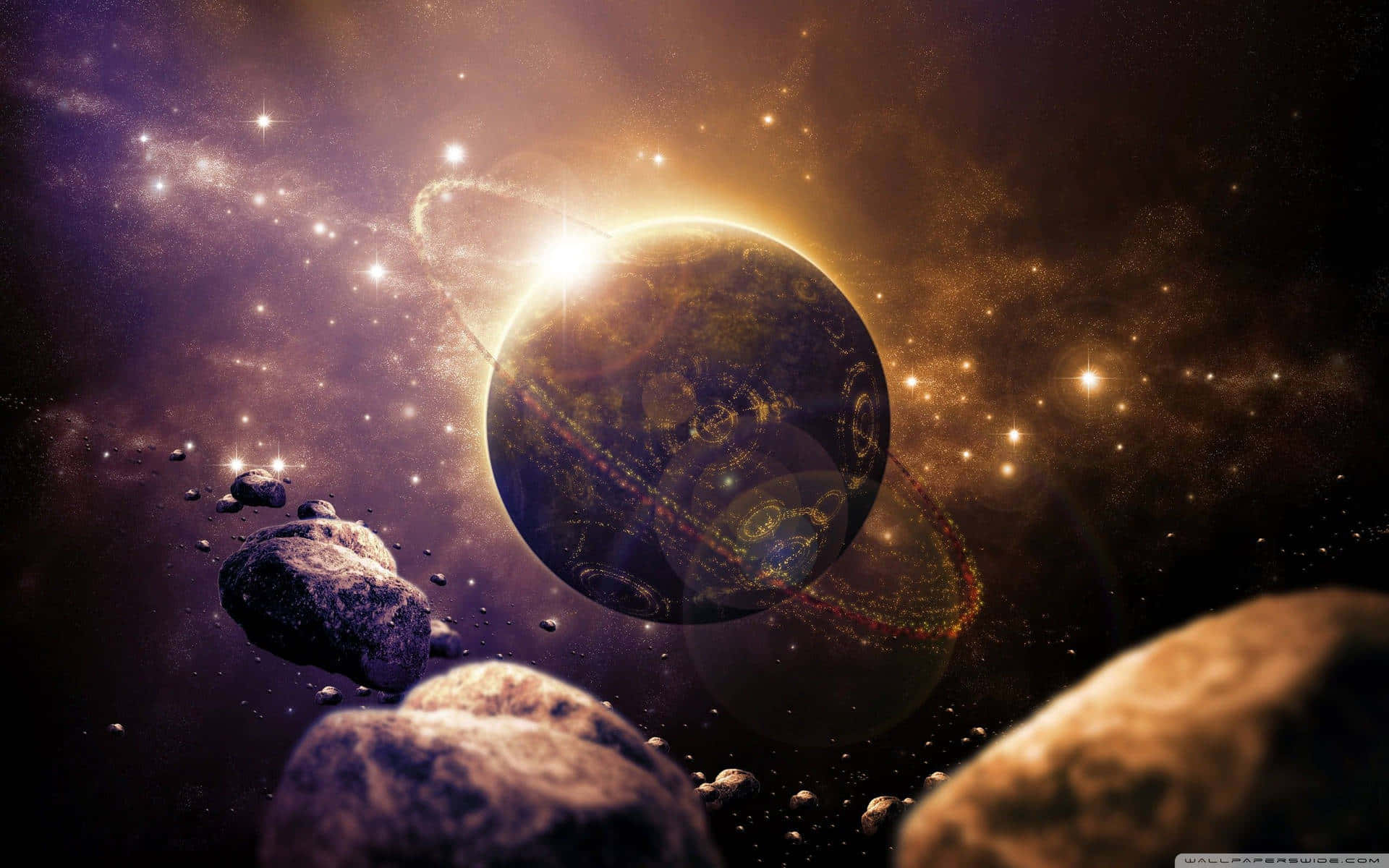 一顆帶有光環和發光符號的神秘行星，被小行星和星星環繞。