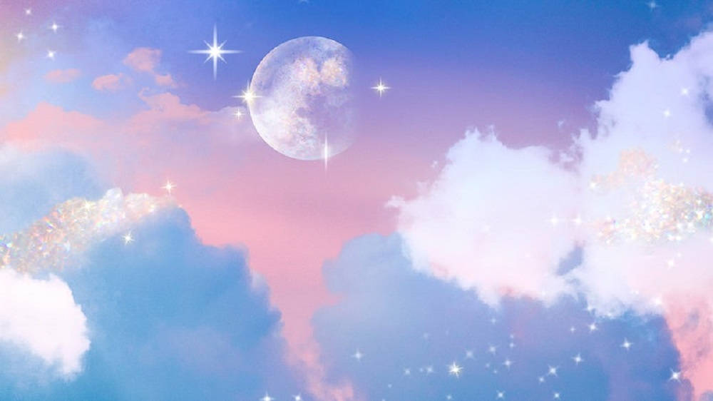 閃耀星芒美學雲朵桌面 壁紙 — 夢幻嘅粉彩天空，有發光嘅月亮同閃爍嘅星星，匿埋喺 fluffy 雲層之間。