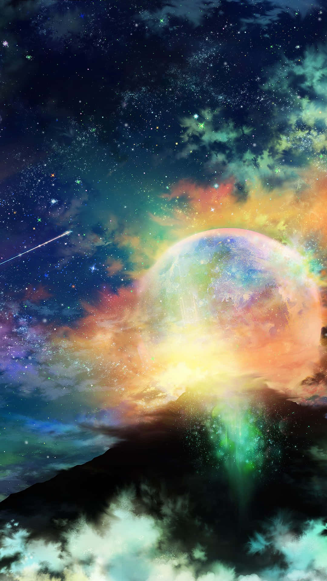 一顆發光的宇宙球體從山頂噴發而出，在繁星點點的星雲天空下。