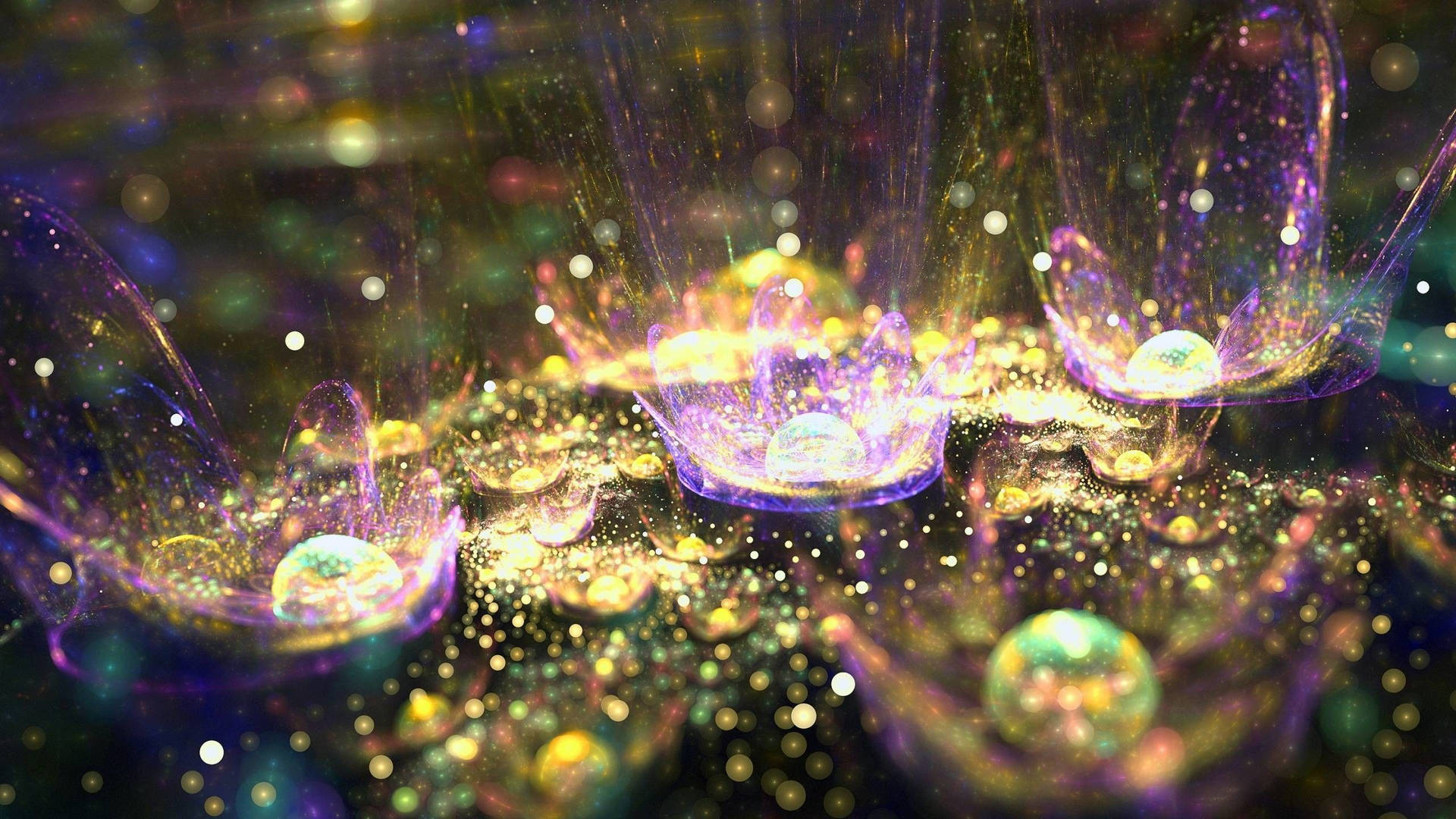 漂浮的發光晶體結構伴隨著閃爍的粒子，構成宇宙抽象場景。