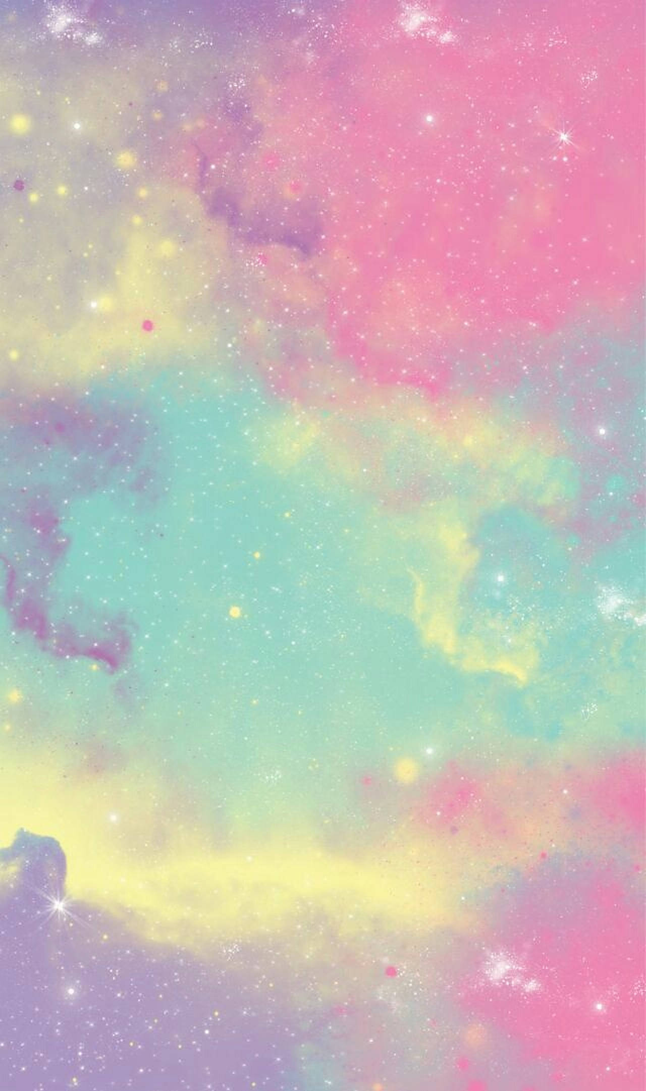 閃耀柔彩彩虹天空 壁紙 — 夢幻粉彩星系，帶有旋轉的粉紅、藍綠和黃色星雲，點綴著閃爍的星星。