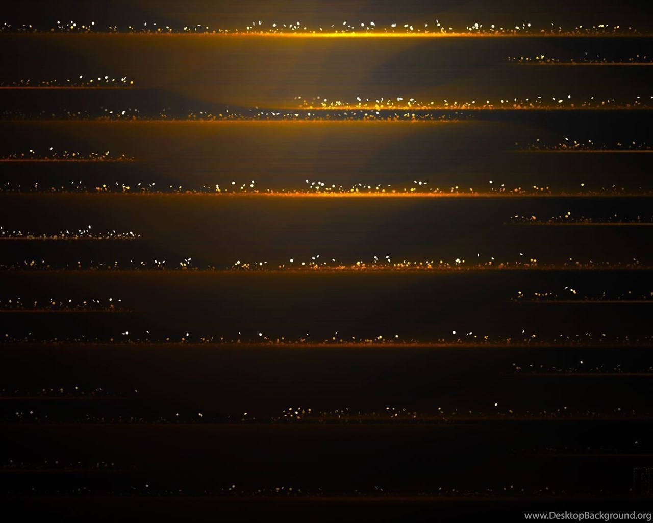 帶有金色水平光線條和發光粒子的抽象深色背景。