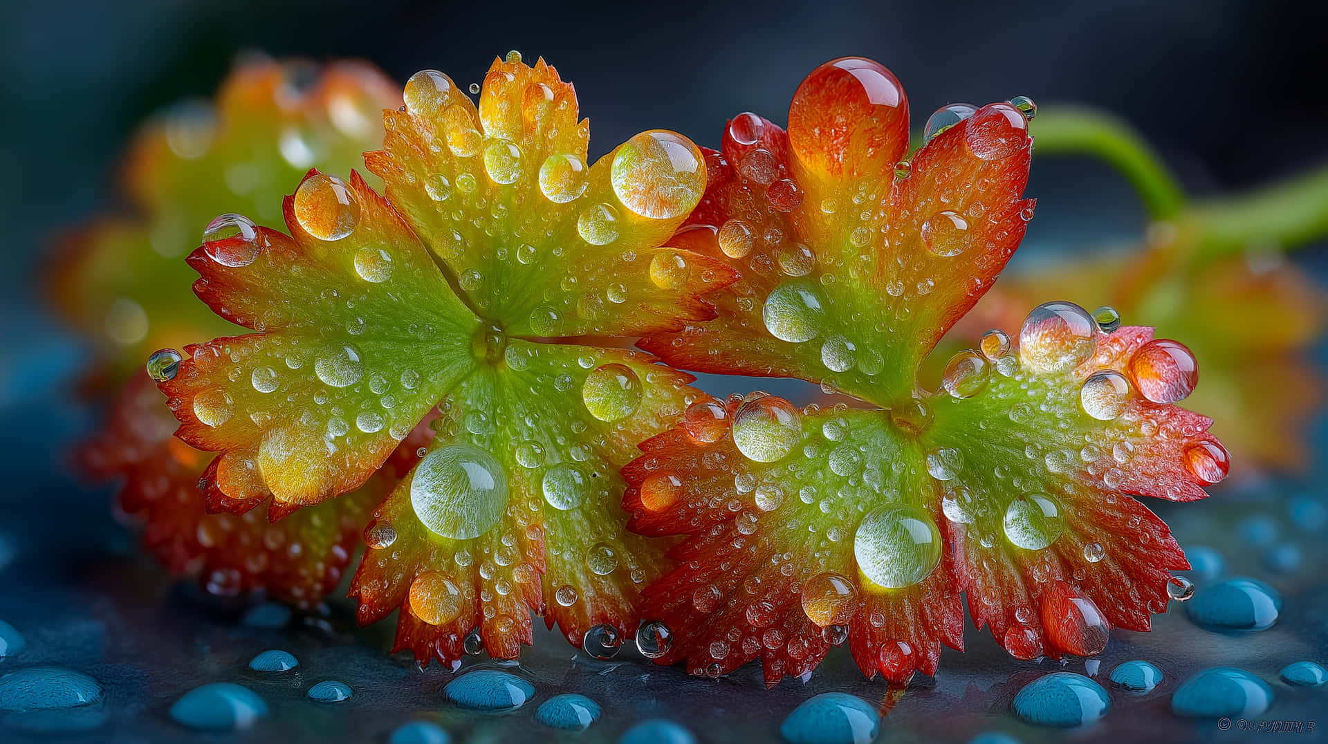 藍色表面上沾滿露珠的紅綠葉特寫