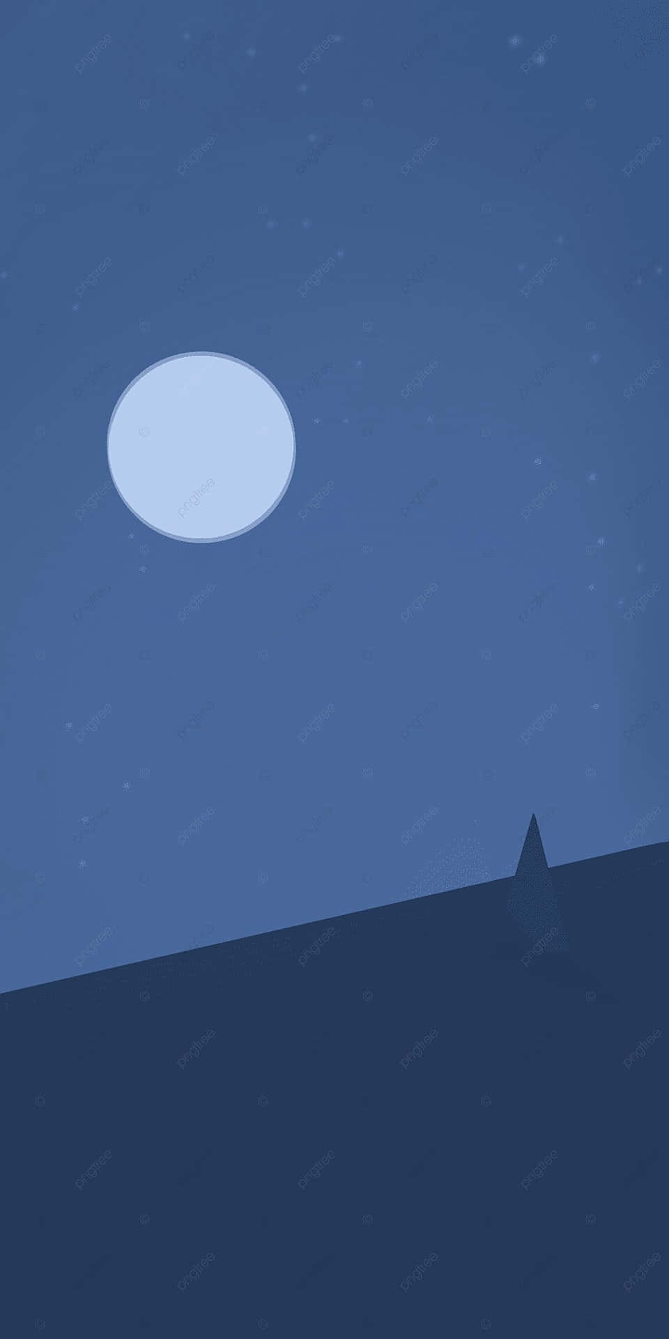 閃耀流星的迷人夜空 壁紙 — 一個極簡的夜空，在黑暗的山丘輪廓上方有蒼白的月亮和散落的星星。