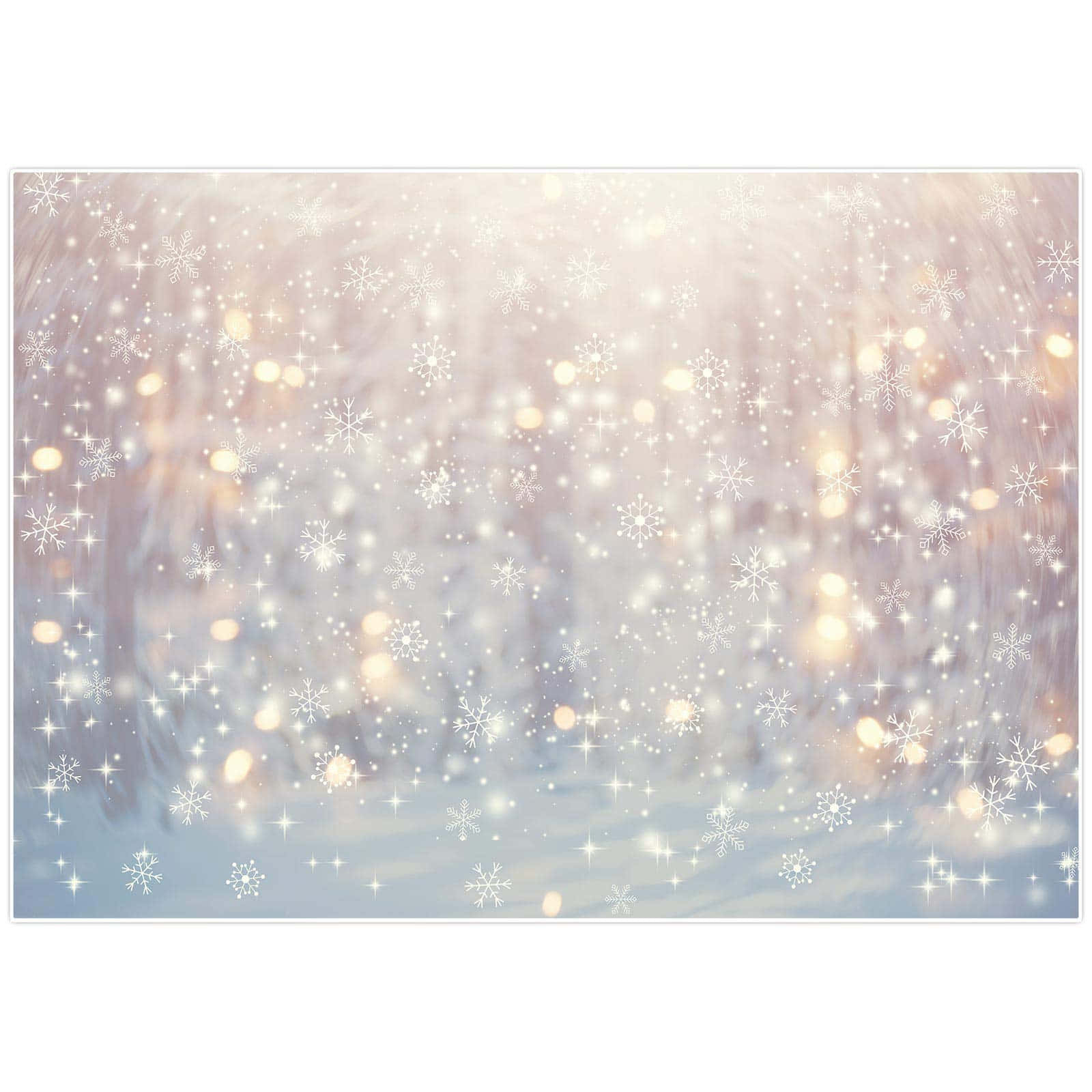 雪花和星爆漂浮在柔和光線的冬日森林場景上。