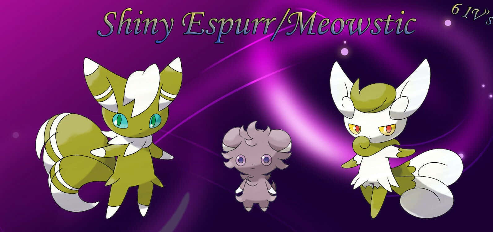 閃光嘅Espurr同Meowstic喺紫色宇宙背景上同一隻細小嘅Pokémon一齊。