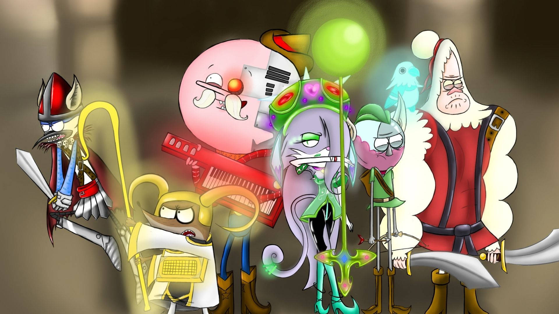 閃耀的 Regular Show 壁紙 — 一群充滿活力的卡通風格奇幻角色，帶有發光效果和富有表現力的面孔。