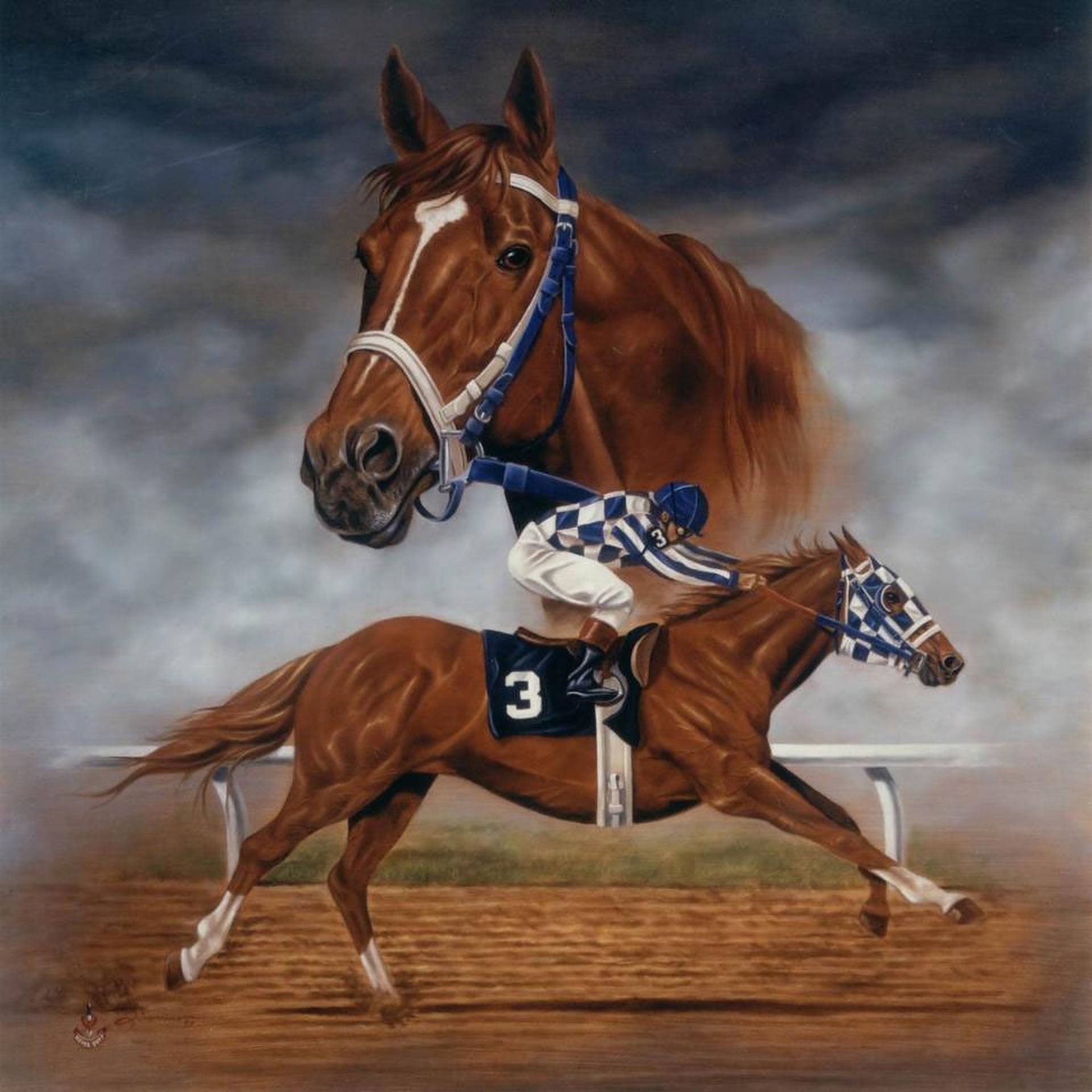 閃耀的 Secretariat 壁紙 — 一匹強壯的栗色賽馬，騎師號碼為三，在暴風雨的天空下於泥地賽道上猛烈奔馳。
