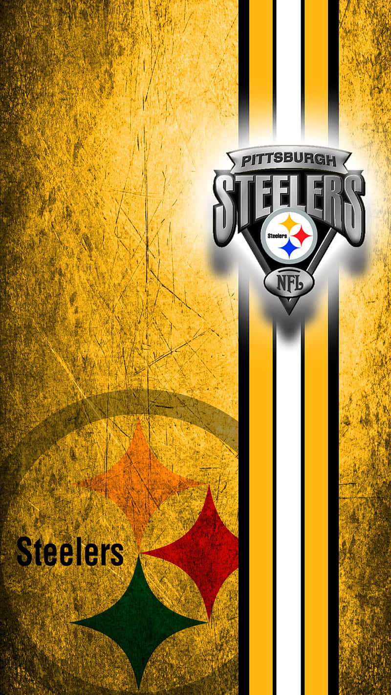 匹茲堡鋼人隊NFL球隊標誌和星星徽章，位於紋理黃色背景上。