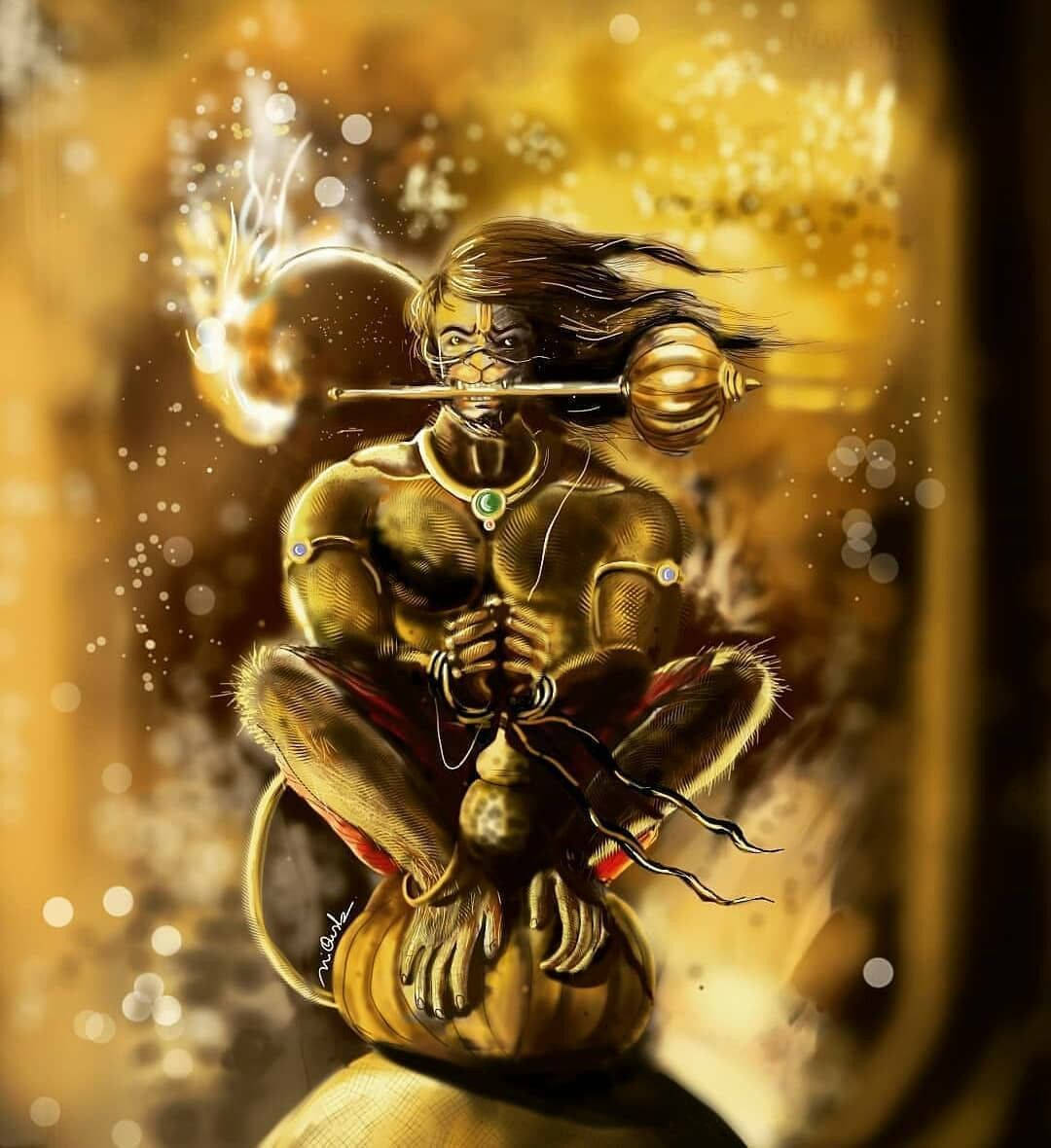 閃耀的哈努曼神3D藝術 壁紙 — 一隻金色皮膚的猴神盤腿打坐，同時吹奏神聖法螺，背景是發光的琥珀色。