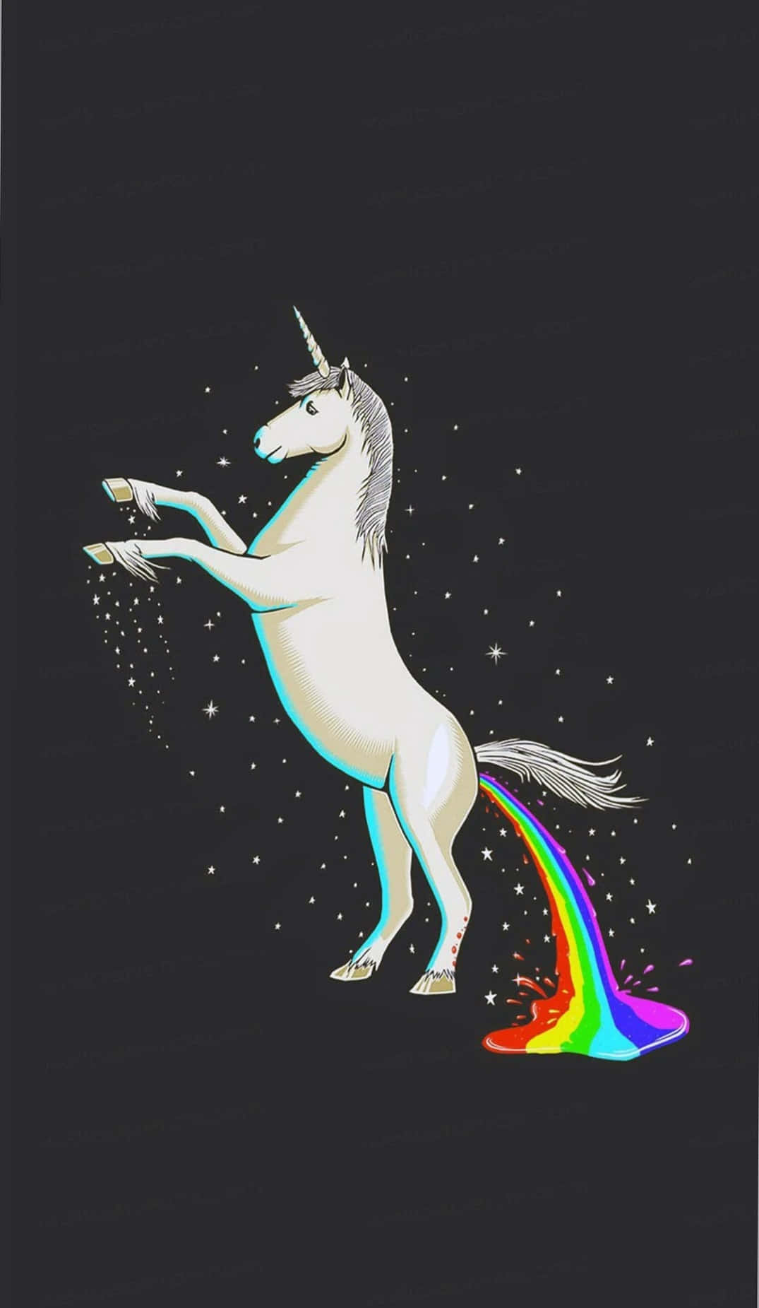 一隻卡通獨角獸在星光閃爍的黑色背景上拉彩虹。