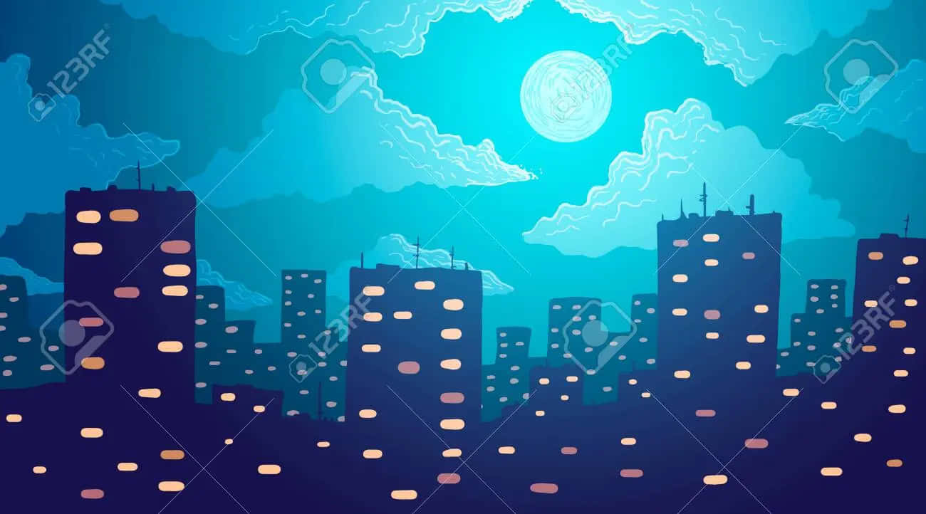 閃耀的燈光點亮繁華的夜之城街道 壁紙 — 一個風格化的夜景城市景觀，在明亮的月亮和旋轉的藍綠色雲彩下，窗戶閃閃發光。