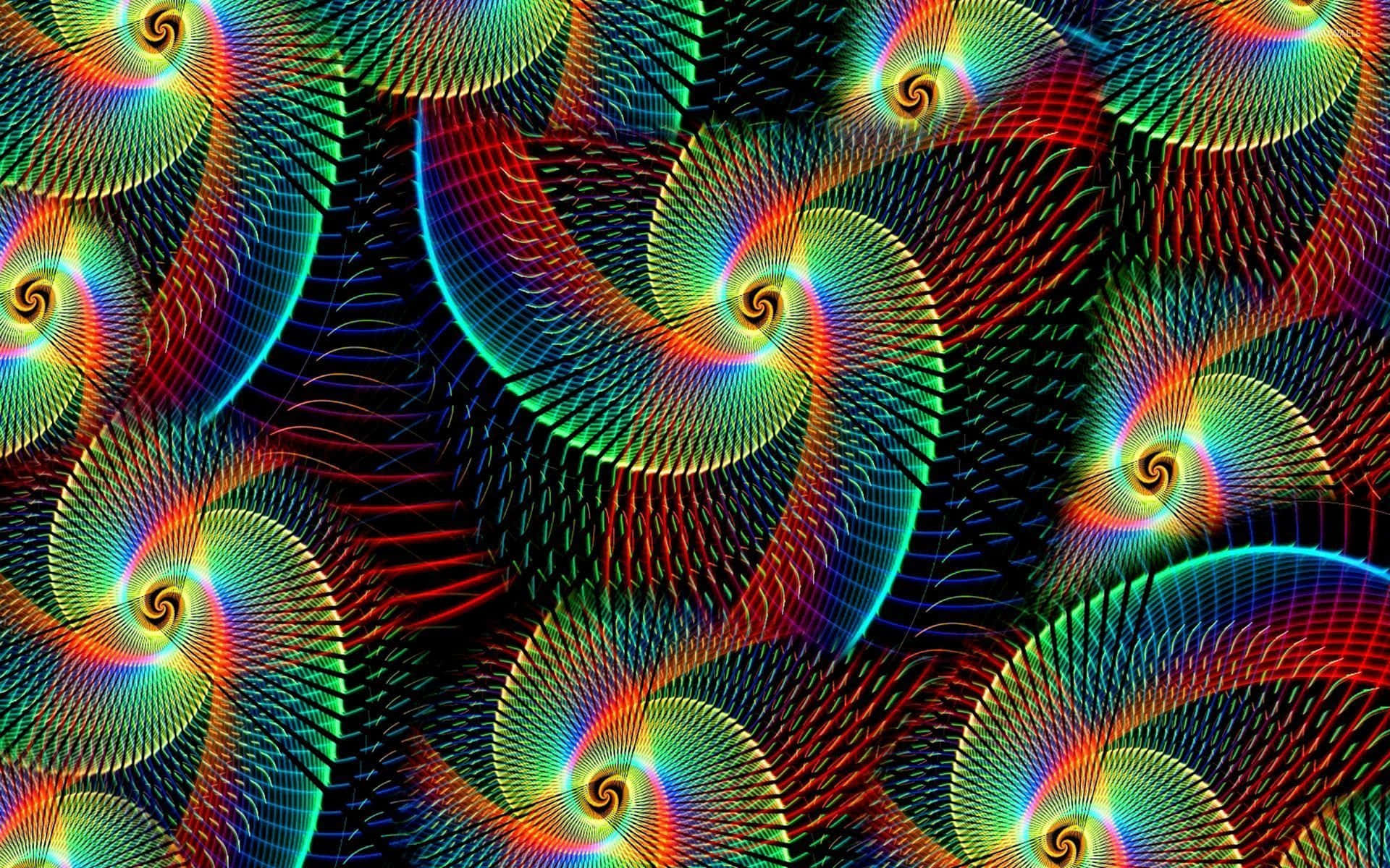 鮮豔的彩虹色分形螺旋在數碼抽象圖案中旋轉。