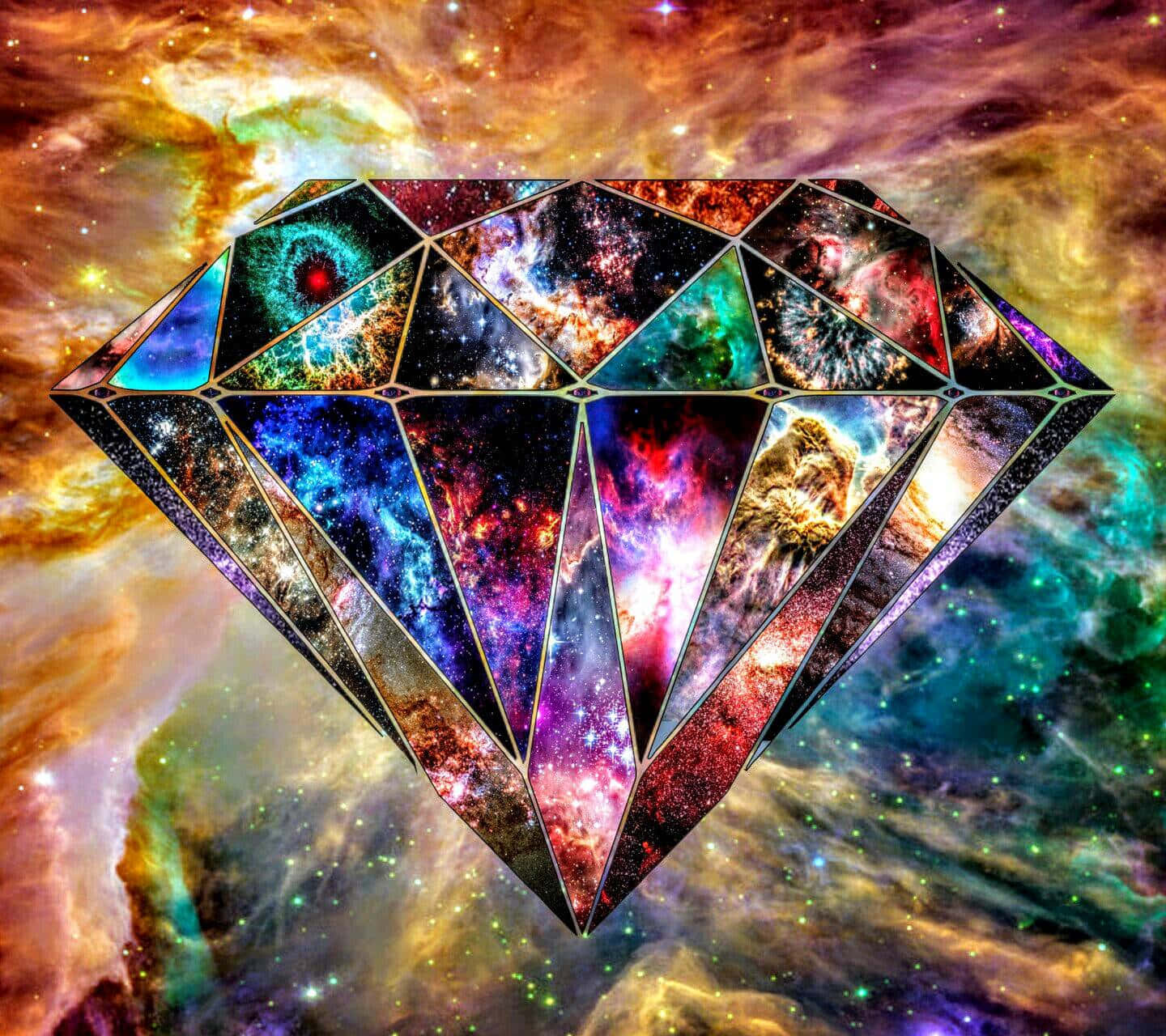 一個鑽石形狀的星系和星雲馬賽克，以宇宙為背景。