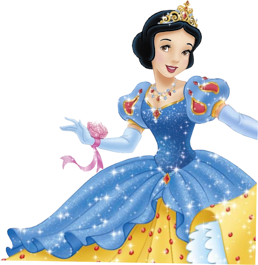 閃耀禮服的白雪公主 壁紙 — 迪士尼公主白雪公主身穿閃閃發光的藍黃色長裙，手持粉紅玫瑰，笑容燦爛。