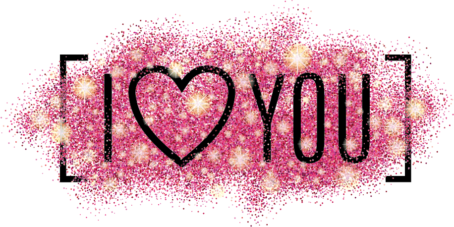 閃耀粉紅「我愛你」圖案 壁紙 — 粗體黑色文字顯示 i heart you，周圍環繞著閃閃發光的粉紅色閃粉和金色火花。