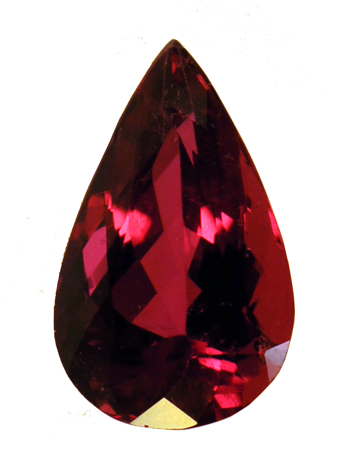閃耀紅色淚滴形寶石 壁紙 — 一顆切割成淚滴形狀的深紅色寶石，在純白背景上閃爍著內部反射的光芒。