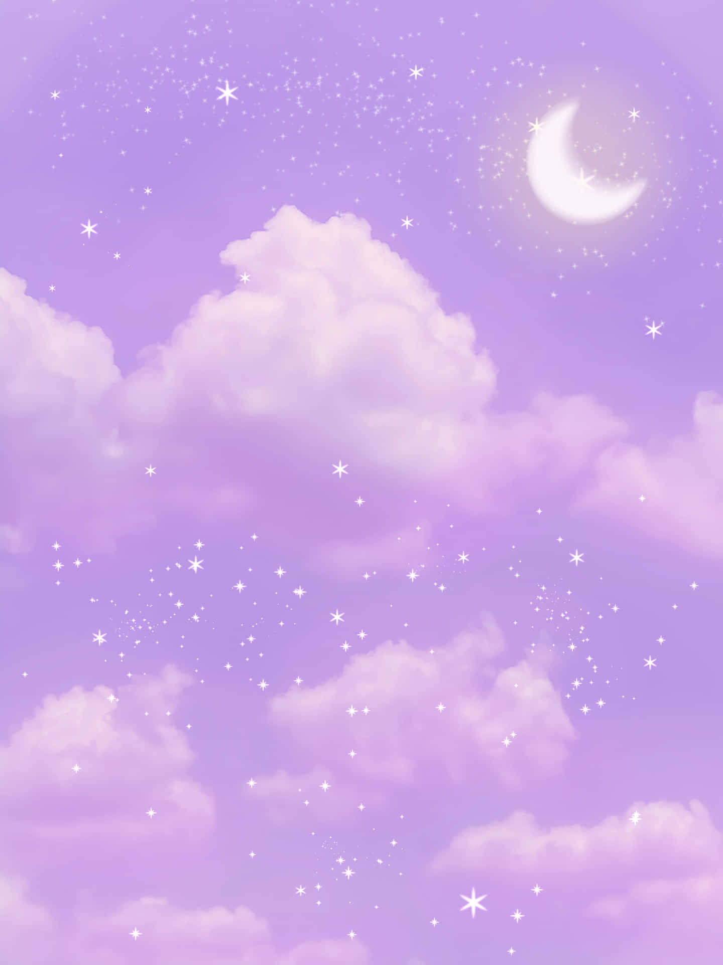 閃耀紫色與彎月的美感背景 壁紙 — 夢幻的薰衣草天空，充滿蓬鬆的雲朵、閃爍的星星和發光的彎月。